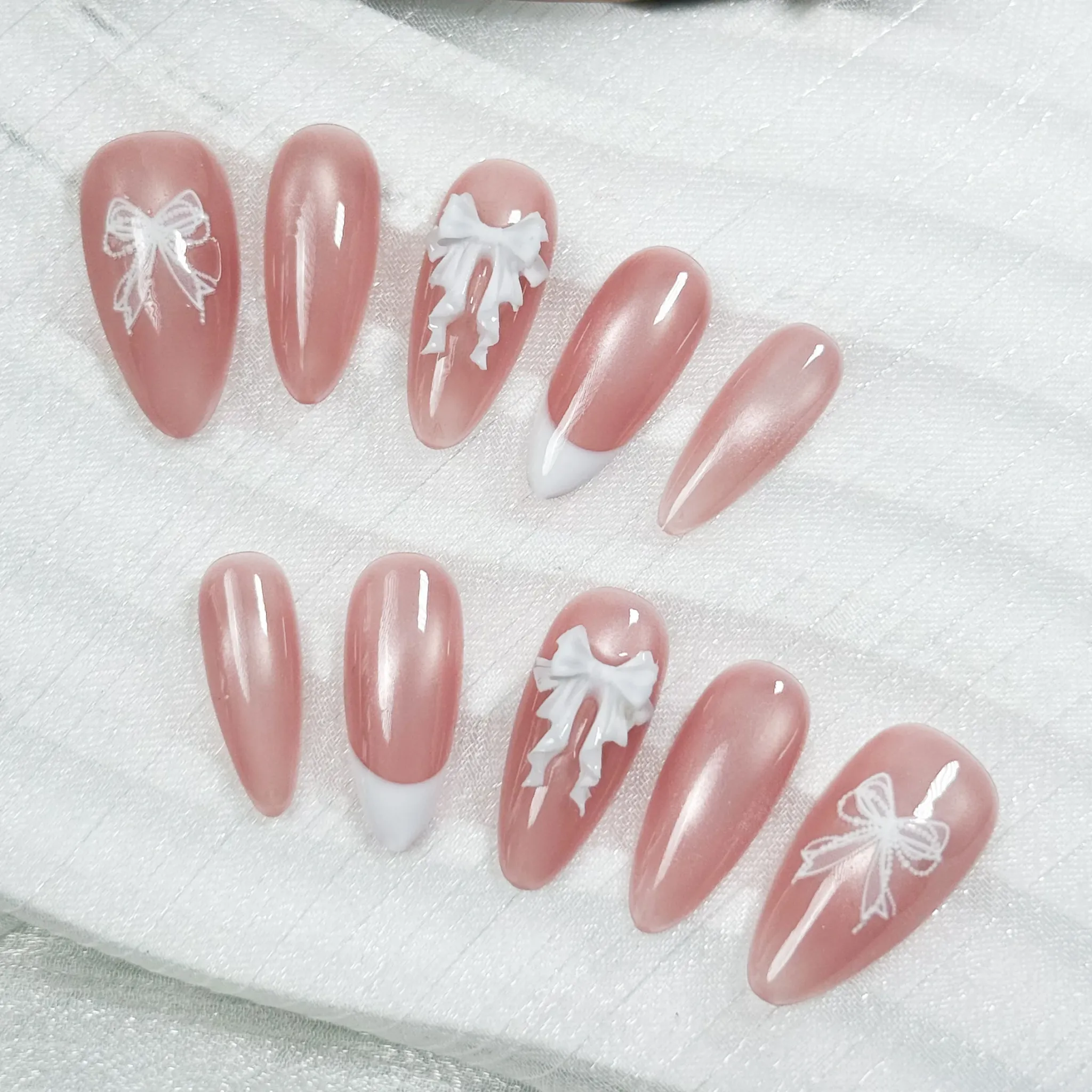 [M266] Nailbox Thạch Hồng Mắt Mèo French Đầu Móng Đính Nơ Ruy Băng