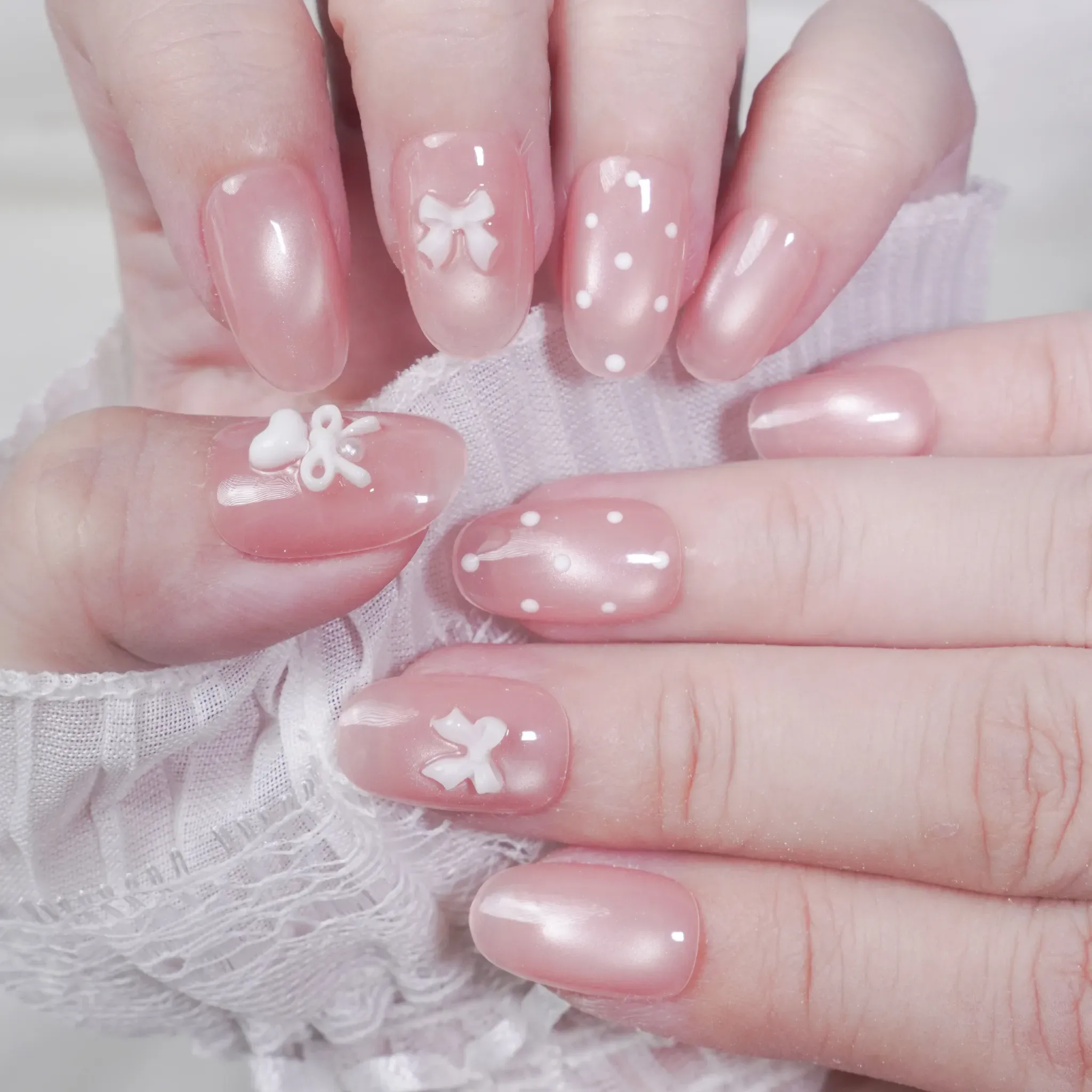 [M265] Nailbox Thạch Hồng Mắt Mèo Trân Châu Đính Nơ Trắng Chấm Bi