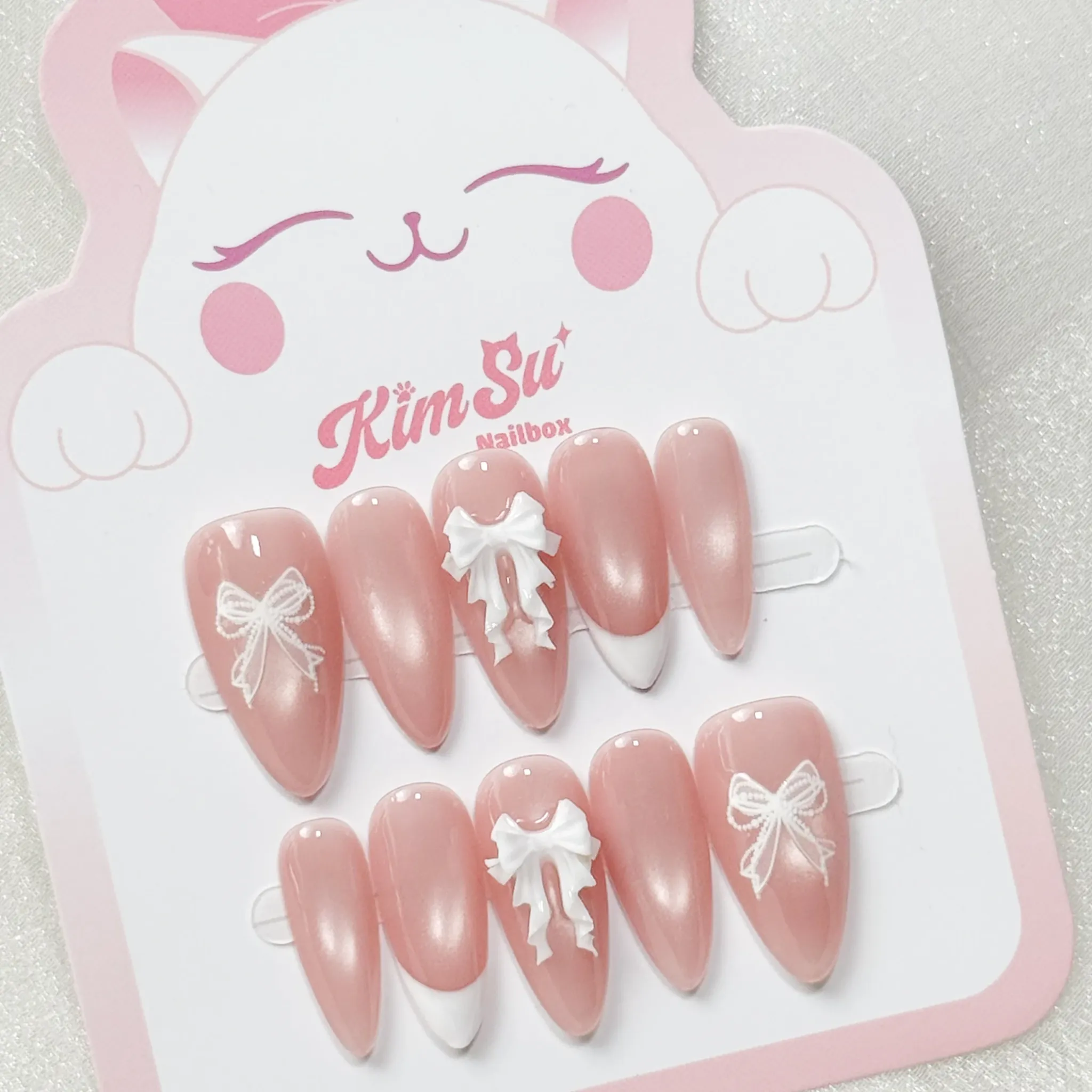 [M266] Nailbox Thạch Hồng Mắt Mèo French Đầu Móng Đính Nơ Ruy Băng