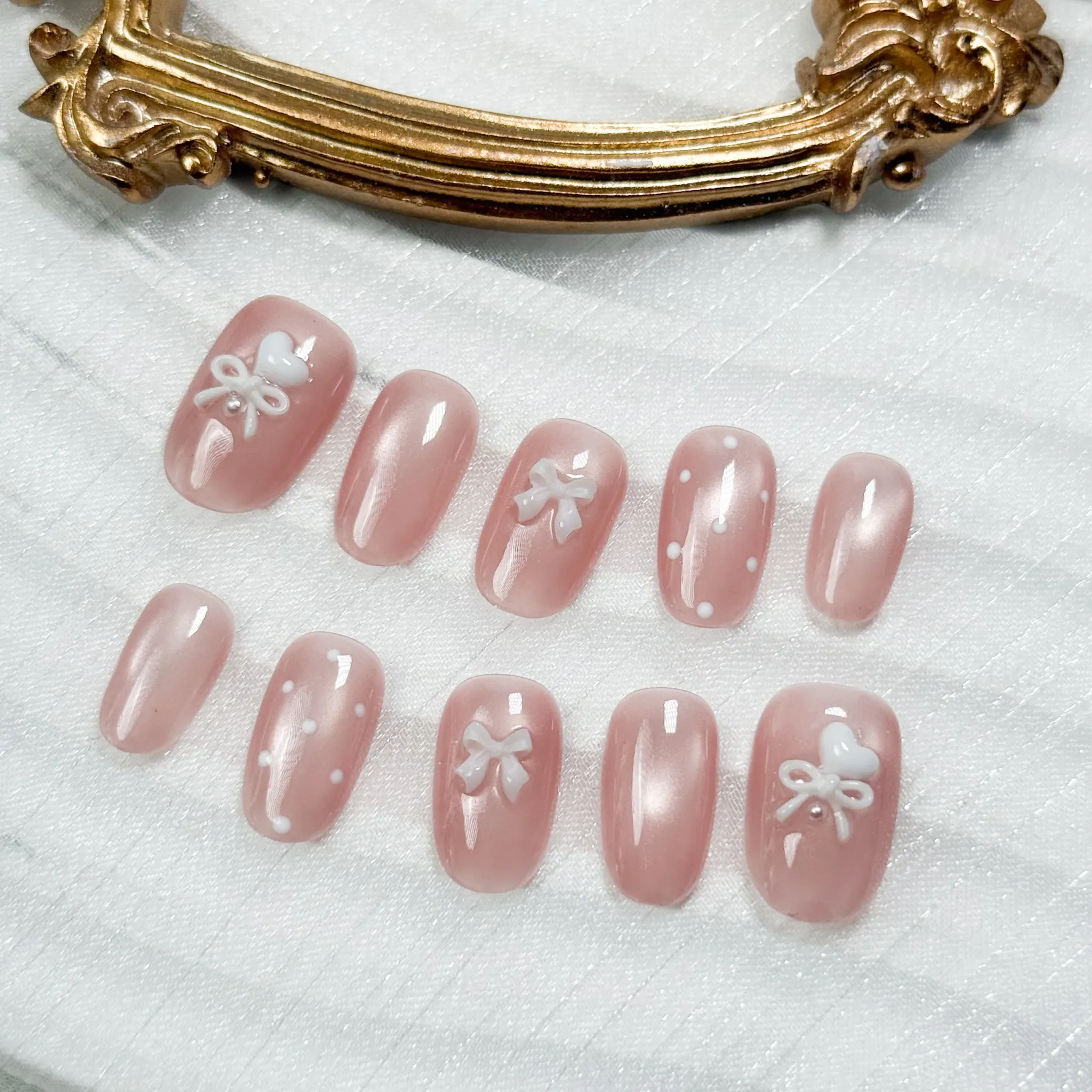[M265] Nailbox Thạch Hồng Mắt Mèo Trân Châu Đính Nơ Trắng Chấm Bi