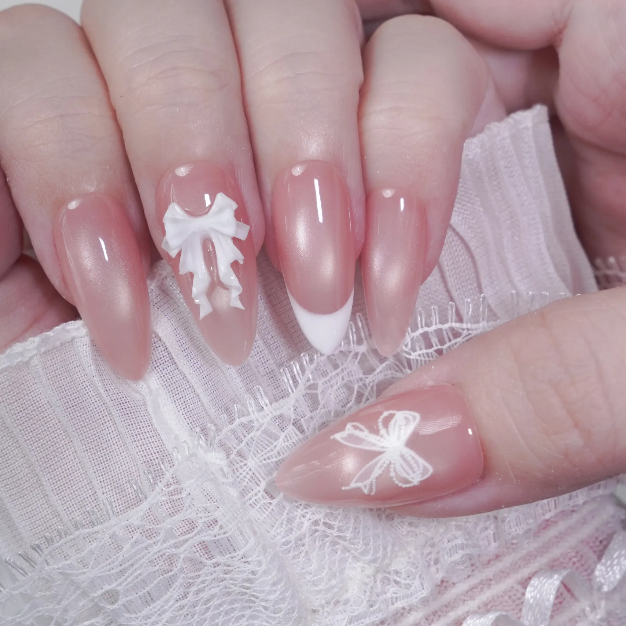 [M266] Nailbox Thạch Hồng Mắt Mèo French Đầu Móng Đính Nơ Ruy Băng