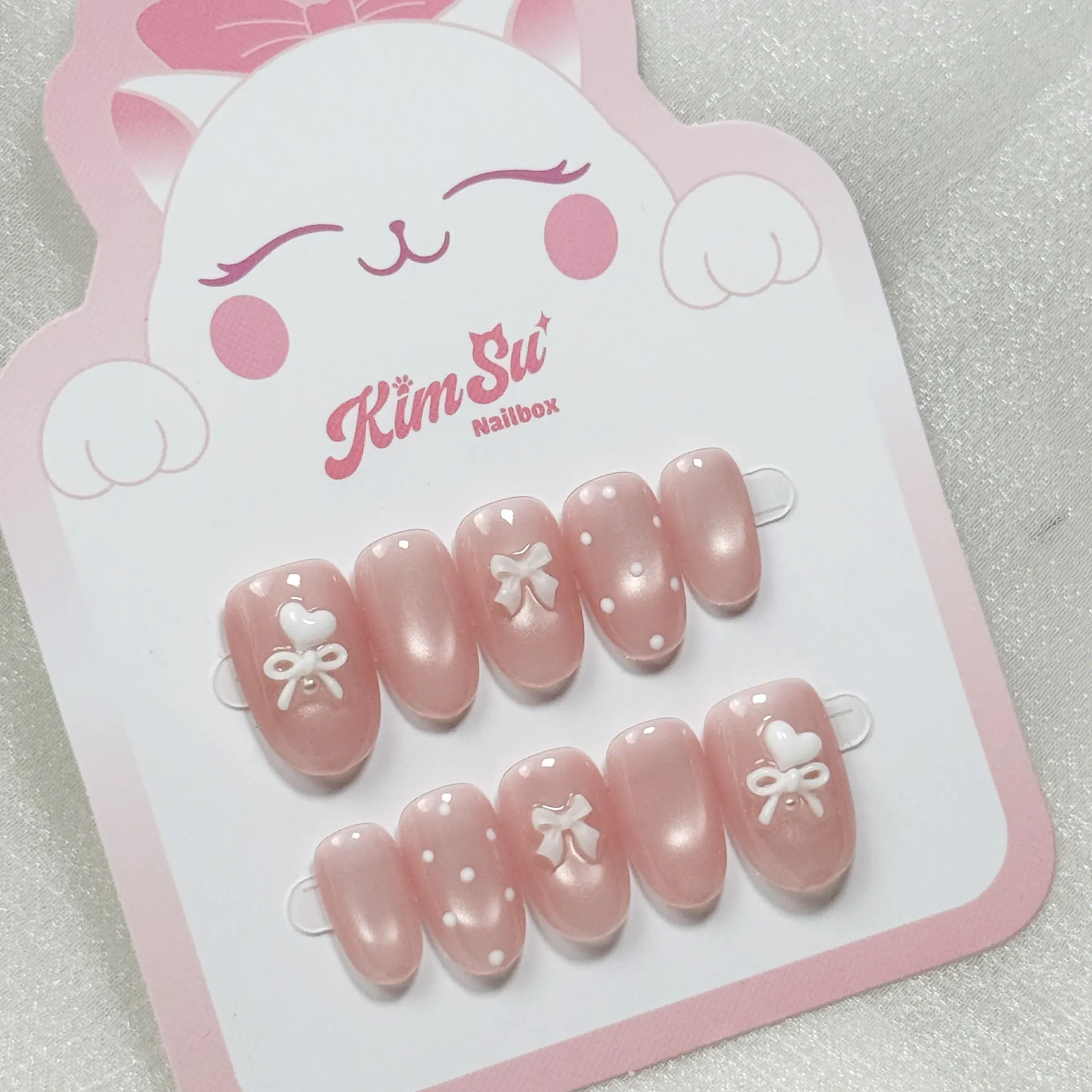 [M265] Nailbox Thạch Hồng Mắt Mèo Trân Châu Đính Nơ Trắng Chấm Bi