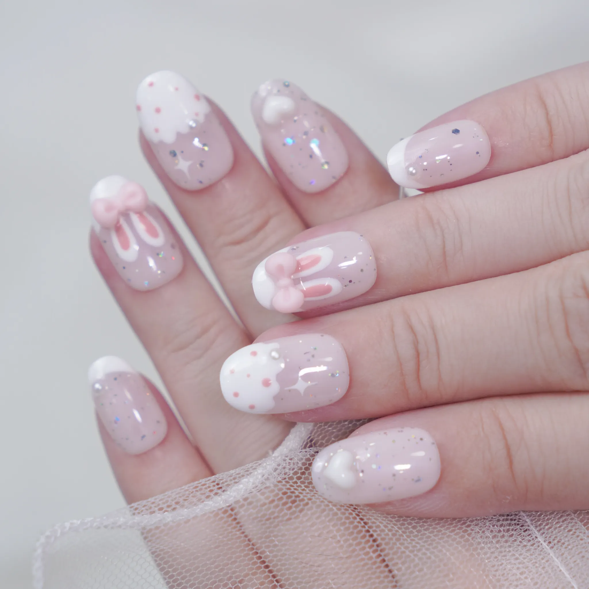 [M261] Nailbox thạch hồng nhũ họa tiết tai thỏ đính nơ và ngọc trai