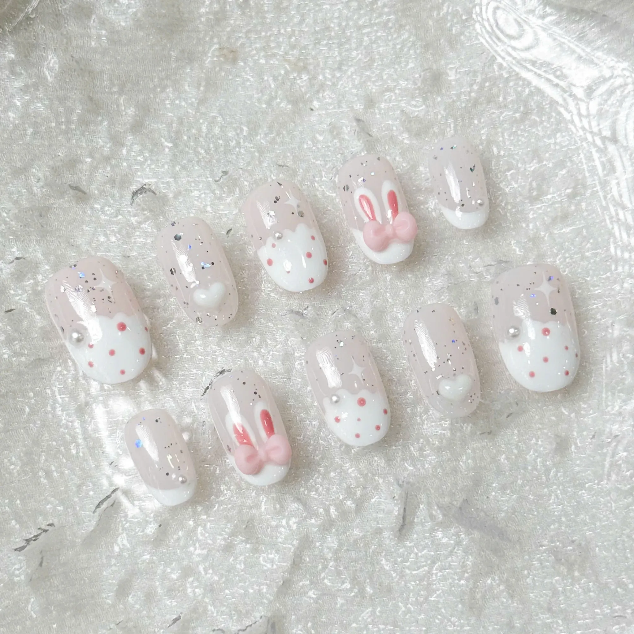 [M261] Nailbox thạch hồng nhũ họa tiết tai thỏ đính nơ và ngọc trai