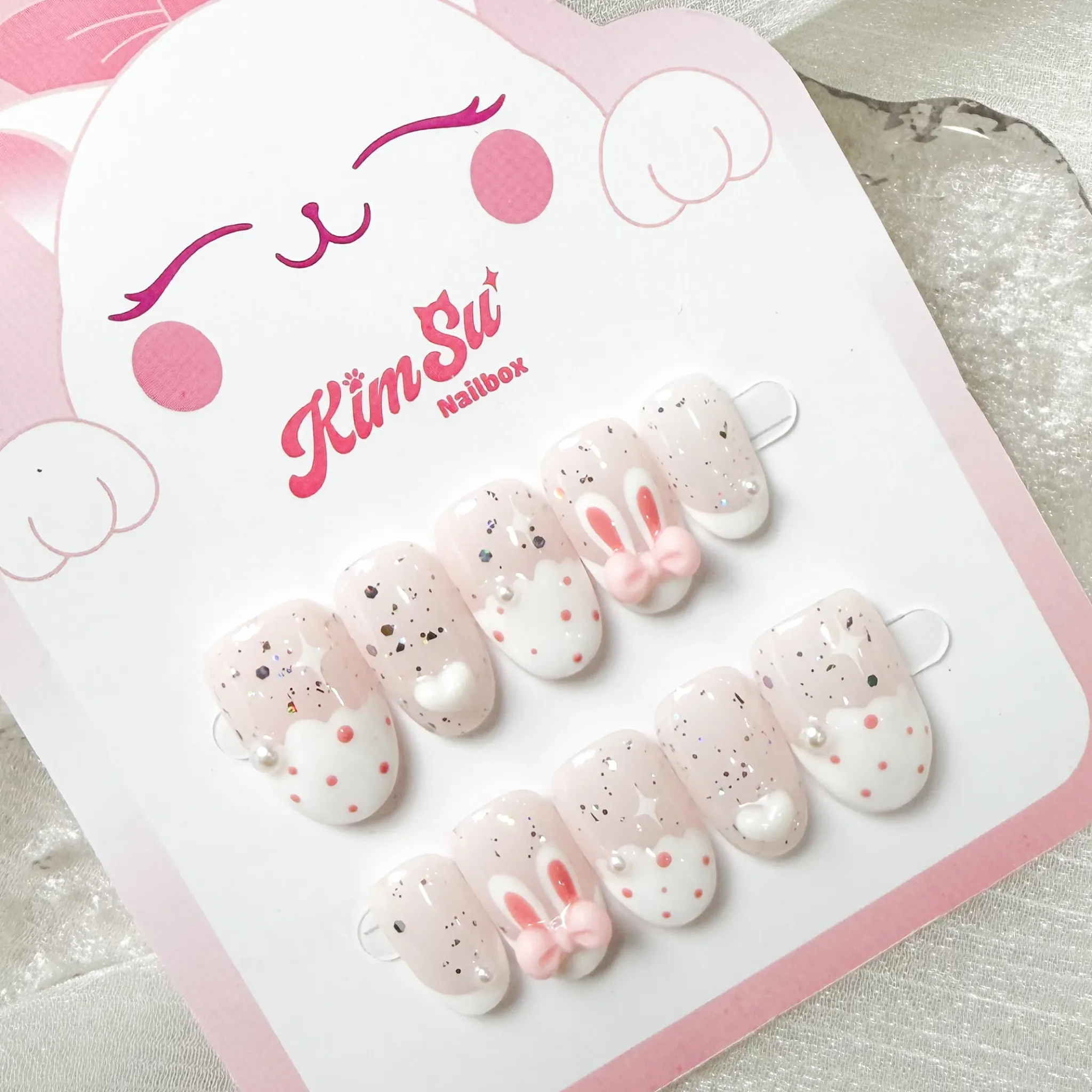 [M261] Nailbox thạch hồng nhũ họa tiết tai thỏ đính nơ và ngọc trai