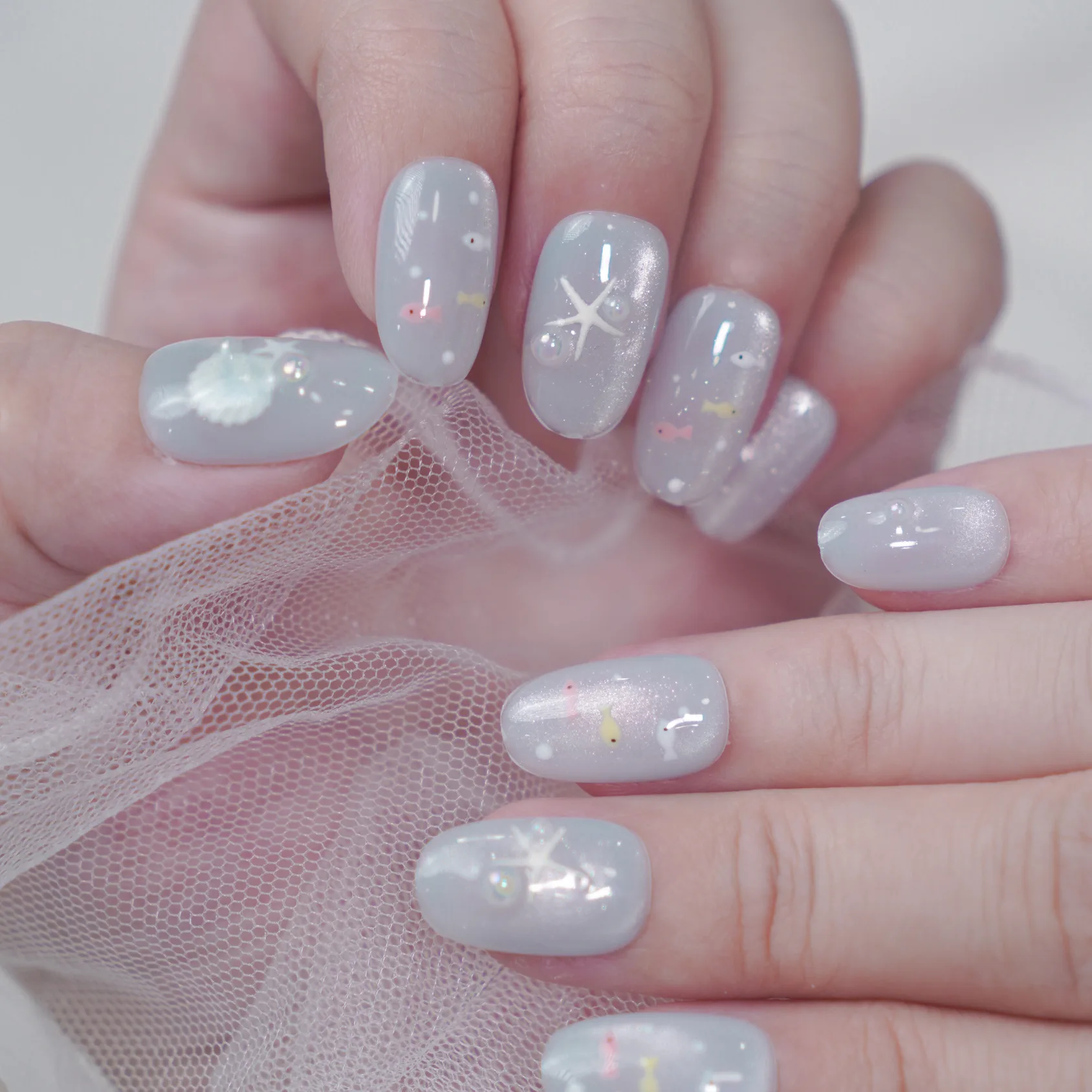 [M263] Nailbox mắt mèo xanh nước biển đính ngọc trai