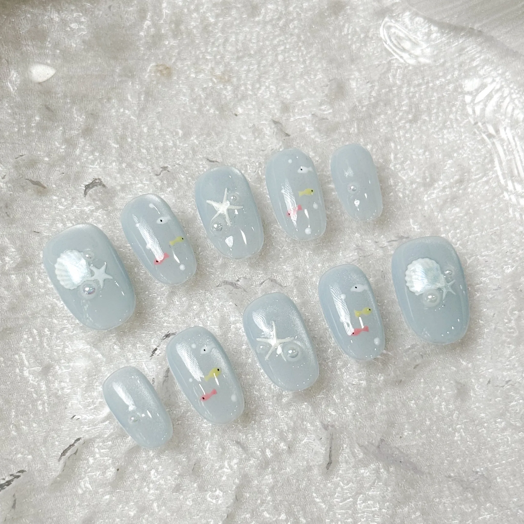 [M263] Nailbox mắt mèo xanh nước biển đính ngọc trai
