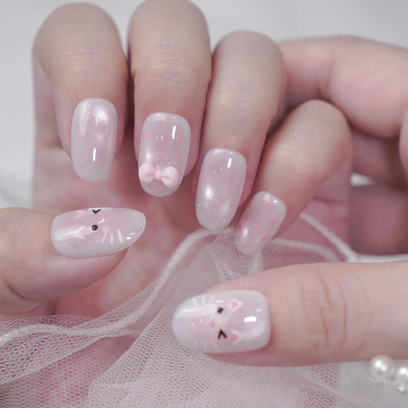 [M259] Nailbox mắt mèo kim cương đính nơ hồng hoạ tiết mèo