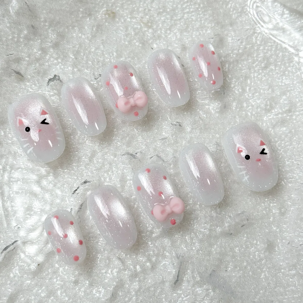 [M259] Nailbox mắt mèo kim cương đính nơ hồng hoạ tiết mèo