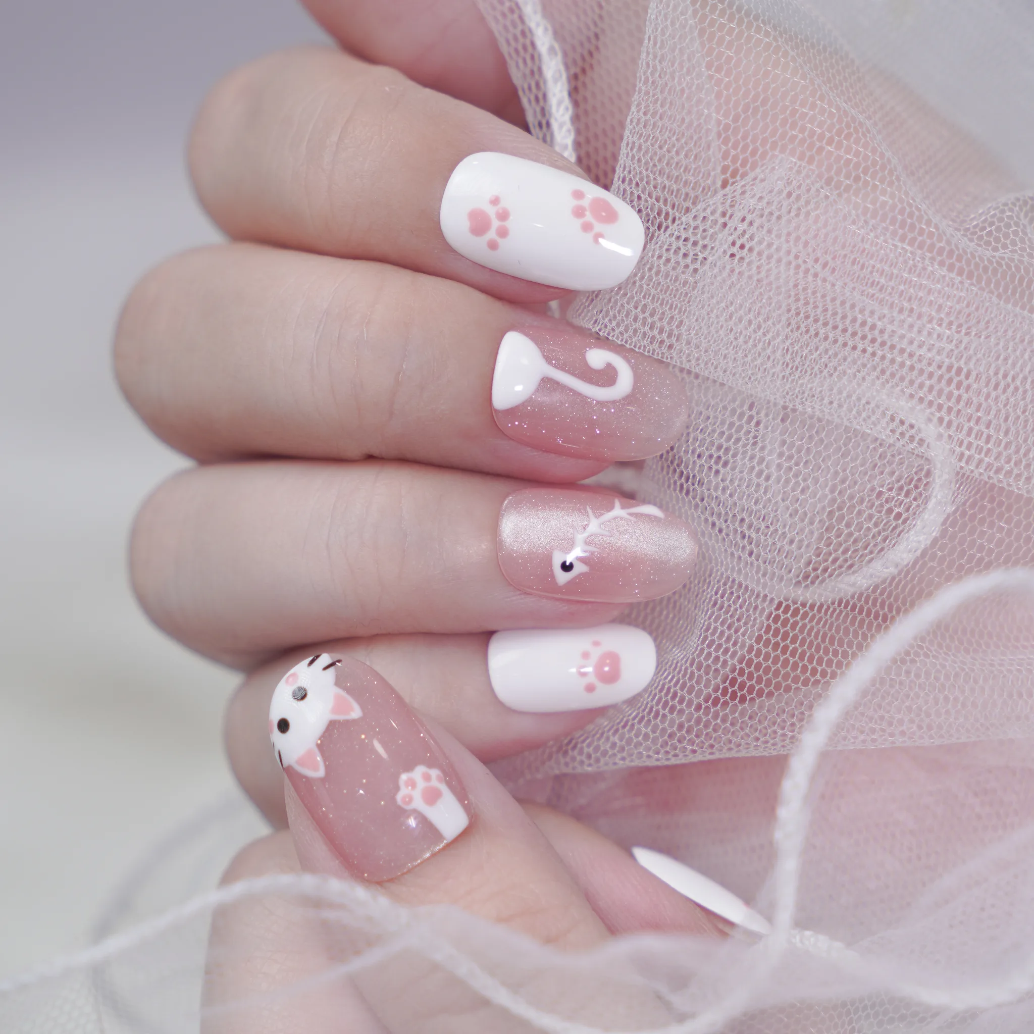 [M260] Nailbox mắt mèo kim cương hồng họa tiết mèo