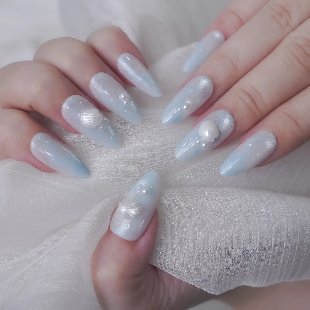 [M258] Nailbox thạch gạo loang xanh nước biển họa tiết sò điệp