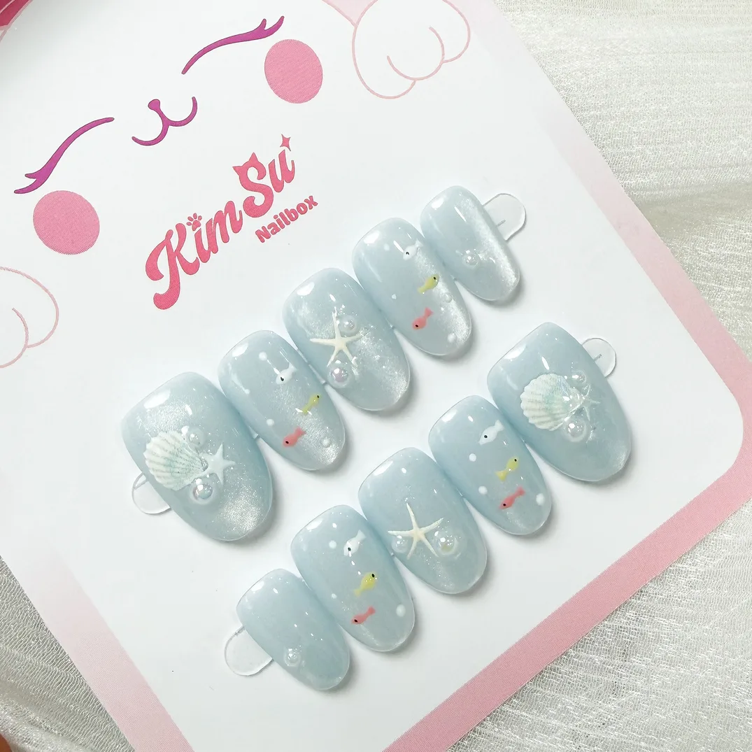 [M263] Nailbox mắt mèo xanh nước biển đính ngọc trai