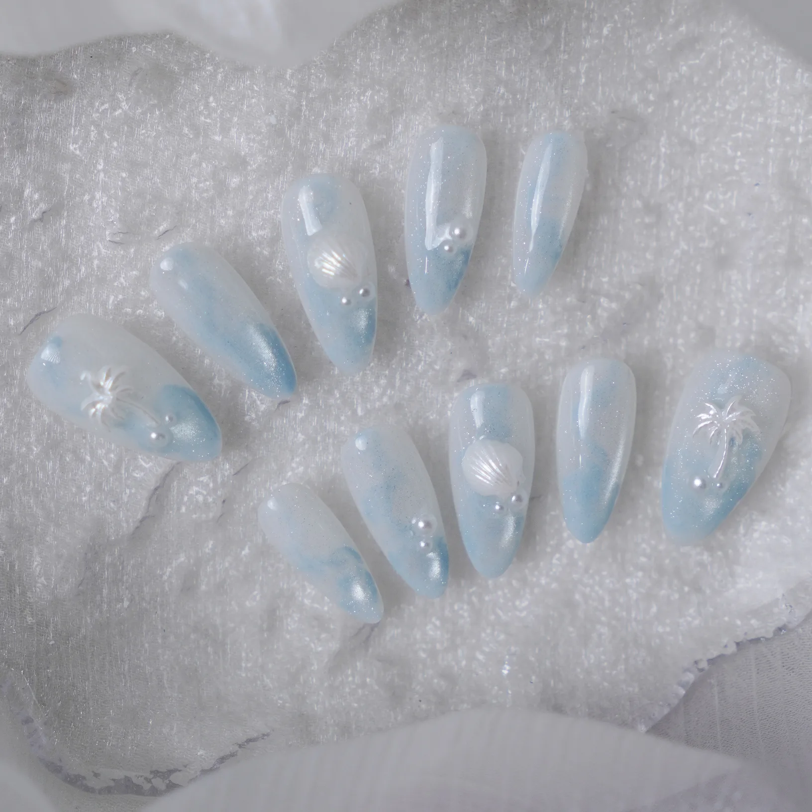 [M258] Nailbox thạch gạo loang xanh nước biển họa tiết sò điệp