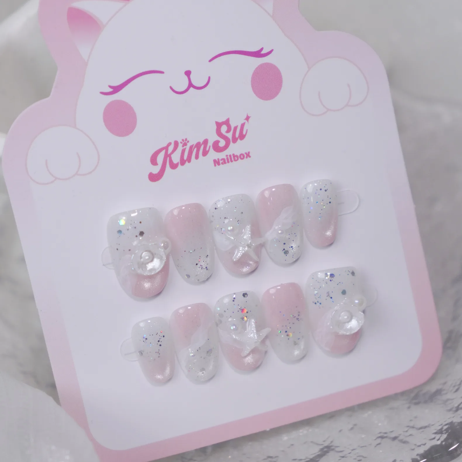 [M255] Nailbox thạch hồng nhũ đính họa tiết sao biển dễ thương