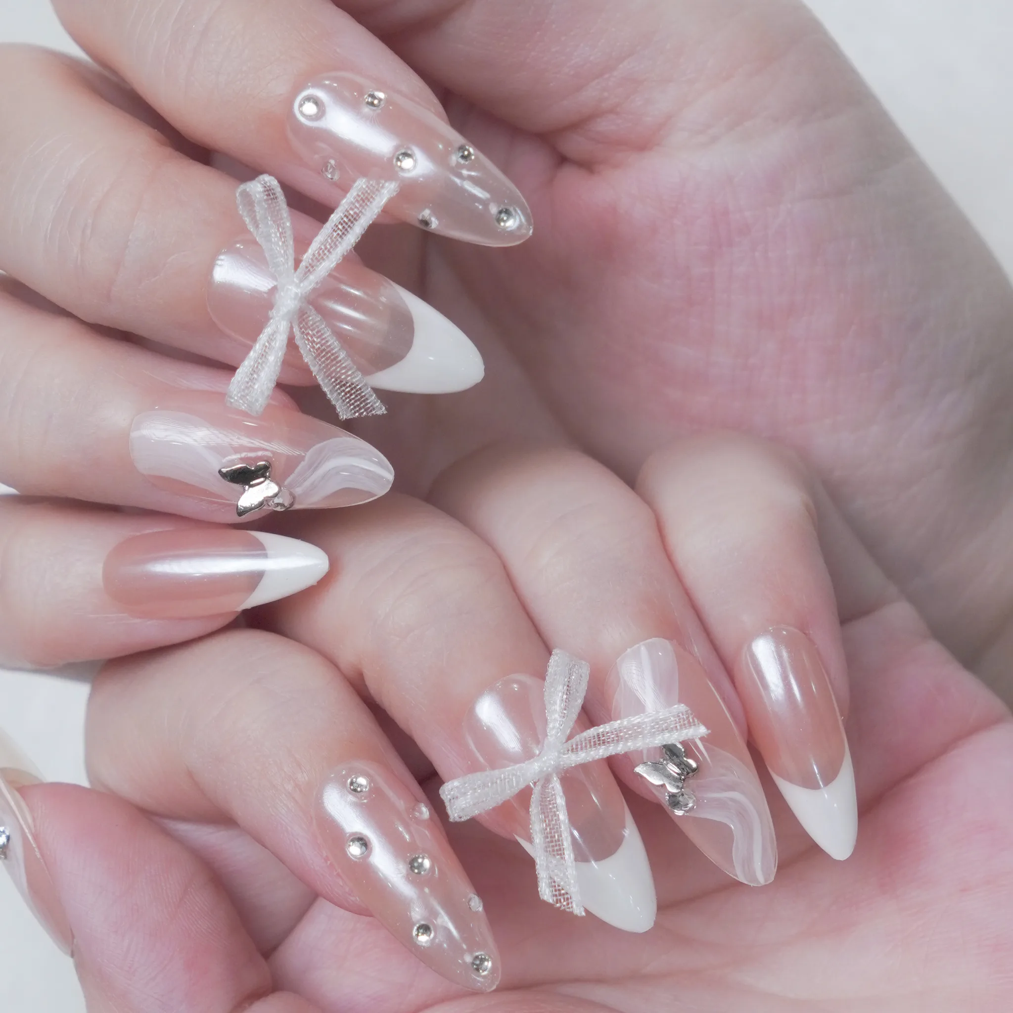 [M246] Nailbox thạch nude đính nơ french đầu móng
