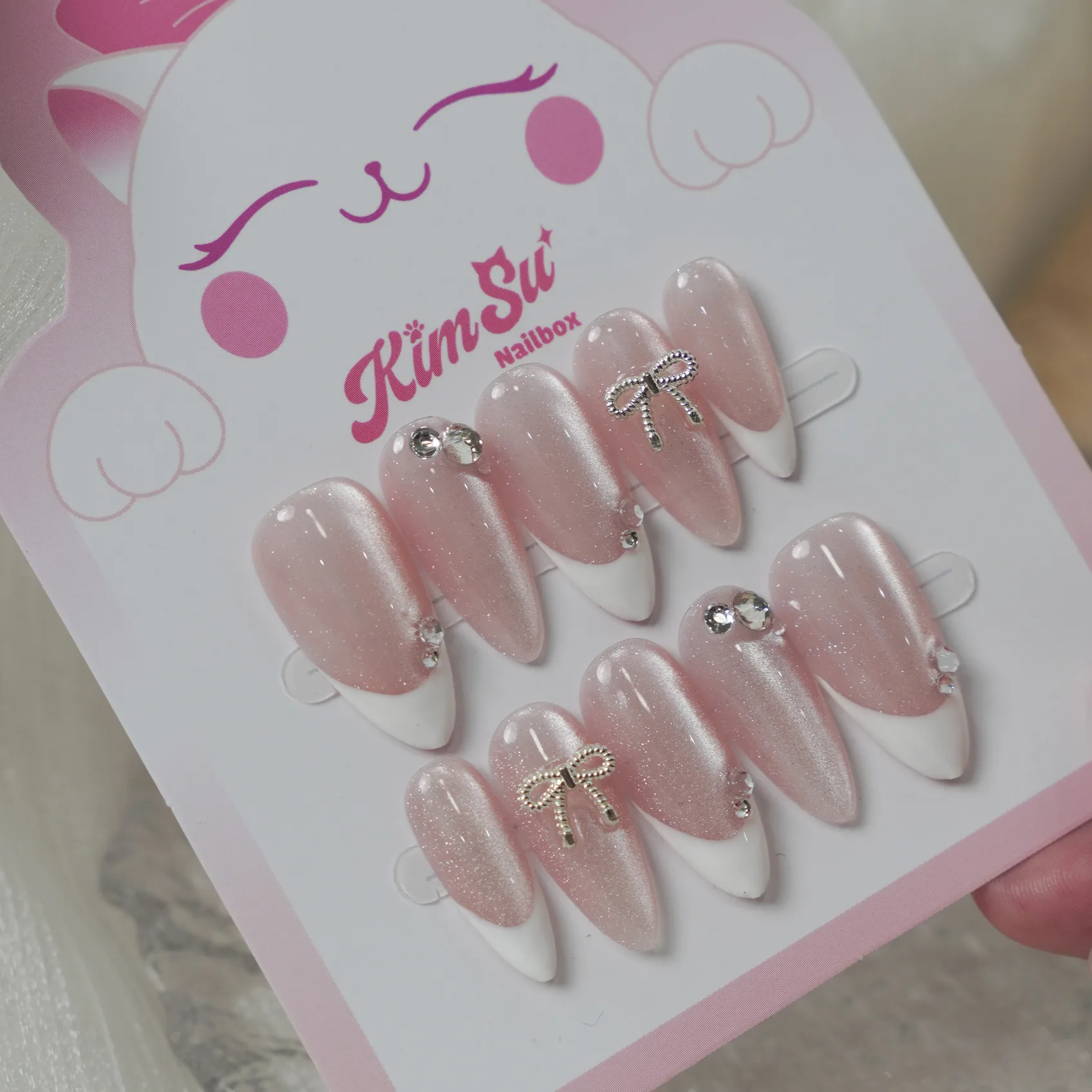[M251] Nailbox thạch hồng mắt mèo french đầu móng đính nơ