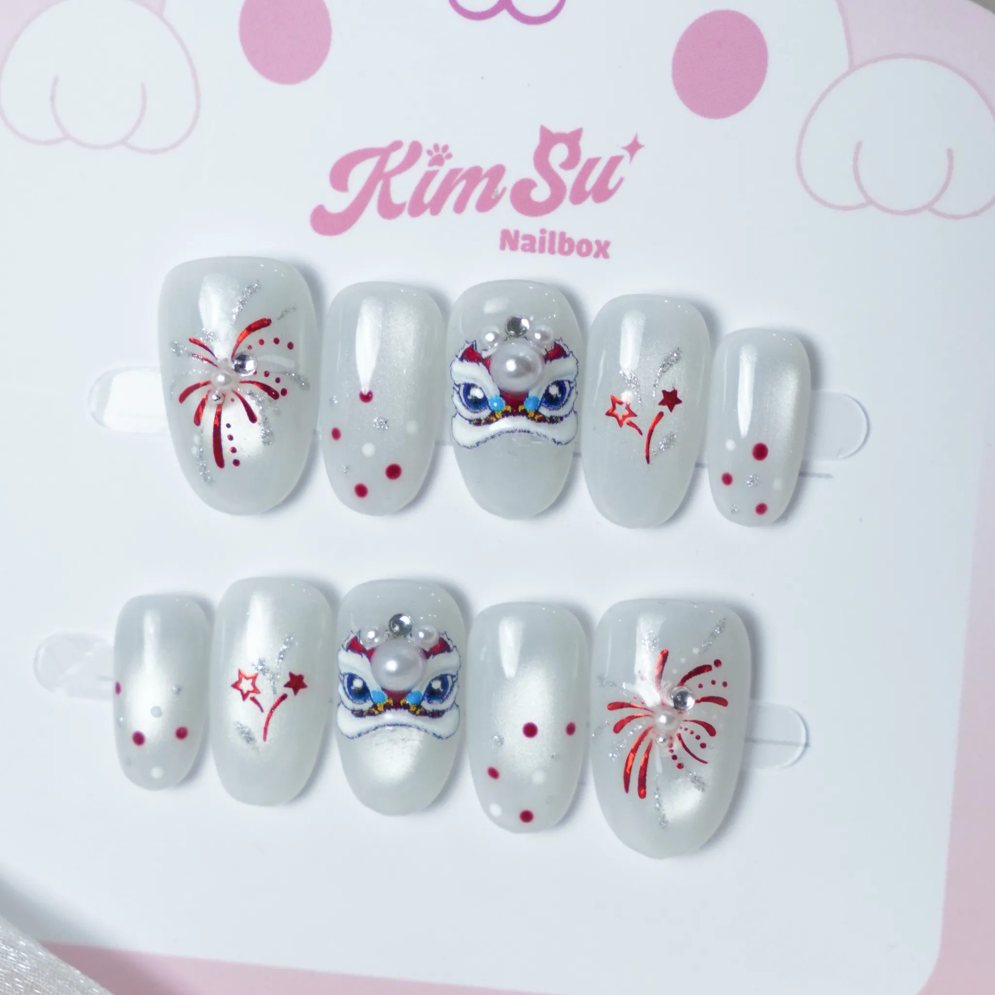 [M243] Nailbox mắt mèo trân châu họa tiết kỳ lân (BST Tết 2026)