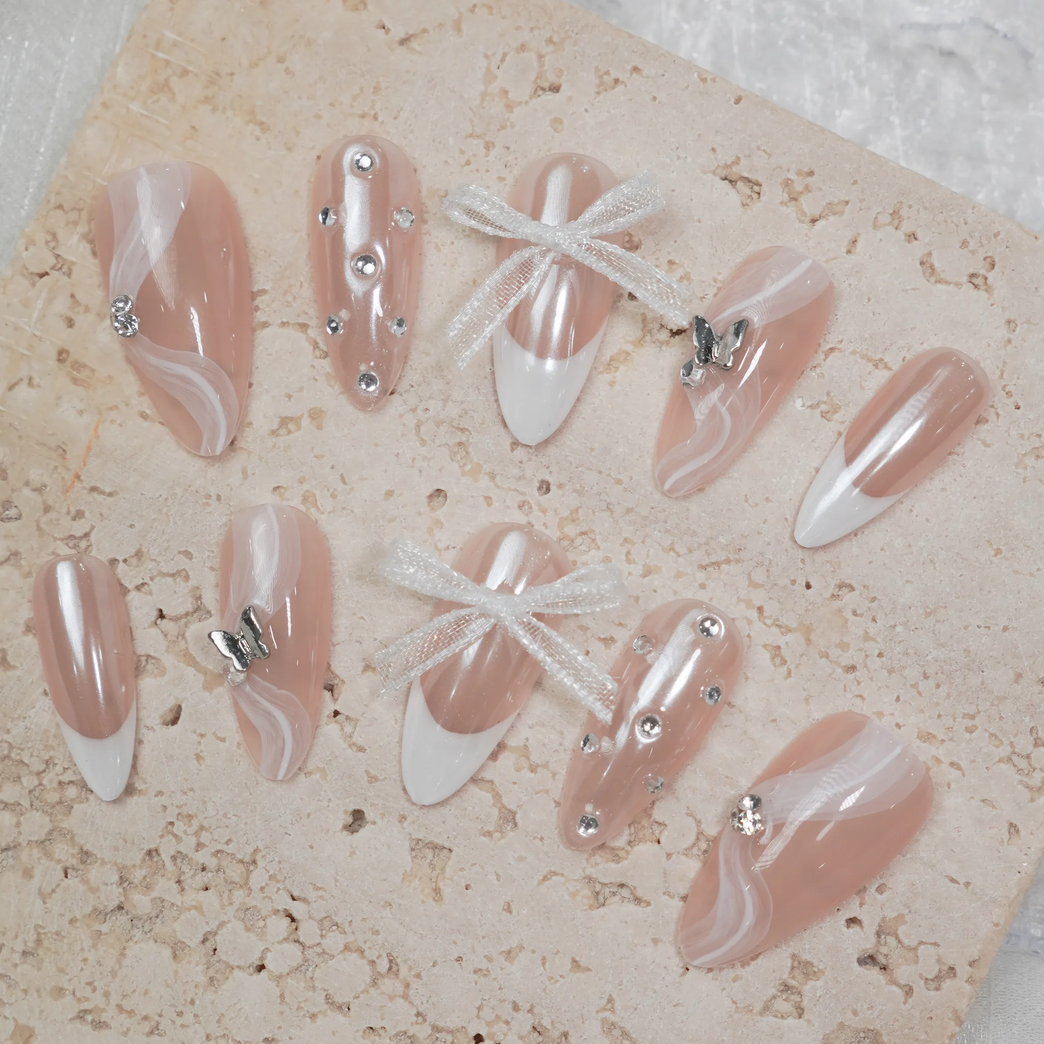 [M246] Nailbox thạch nude đính nơ french đầu móng