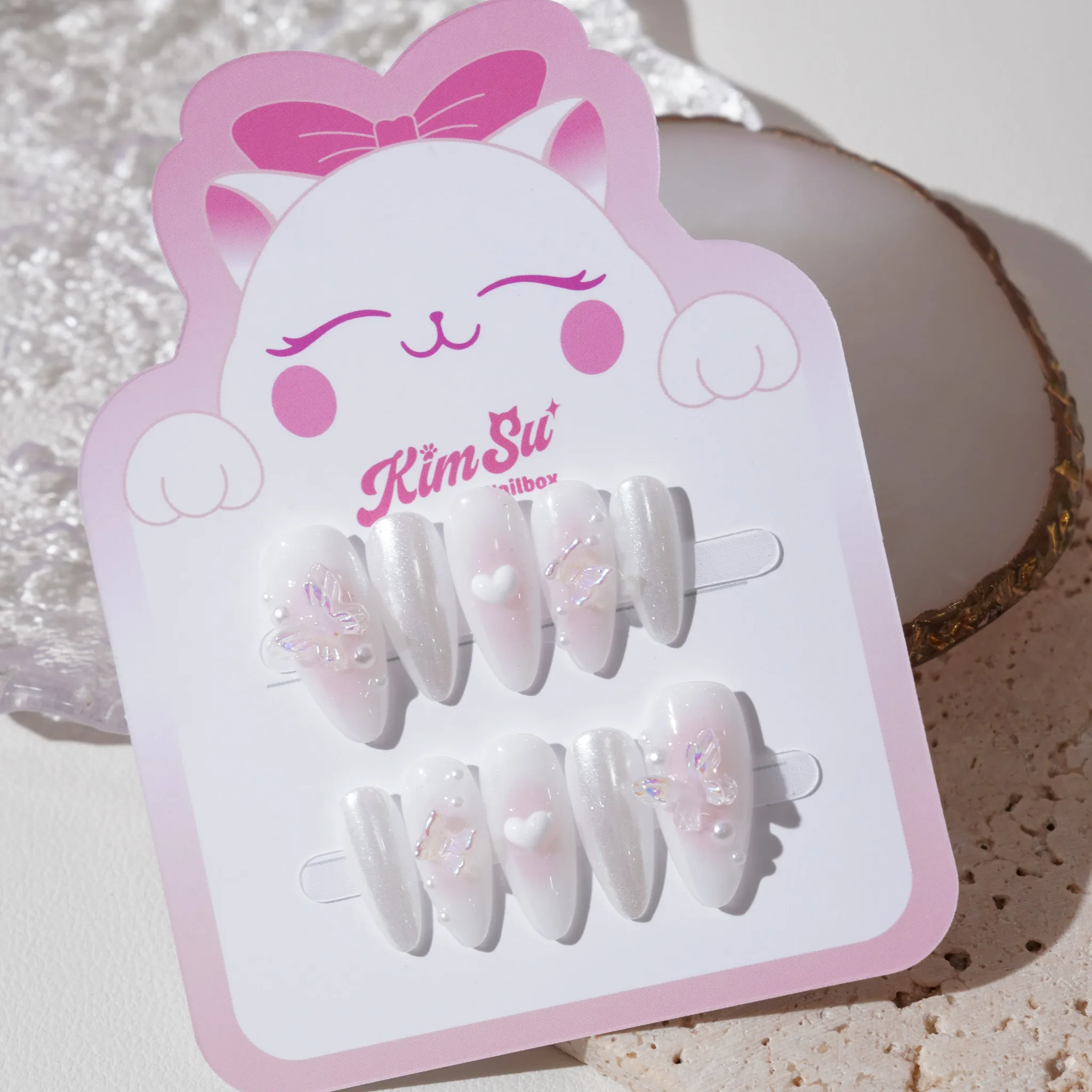 [M230] Nailbox tráng gương mix trắng gạo lòng đào đính hồ điệp