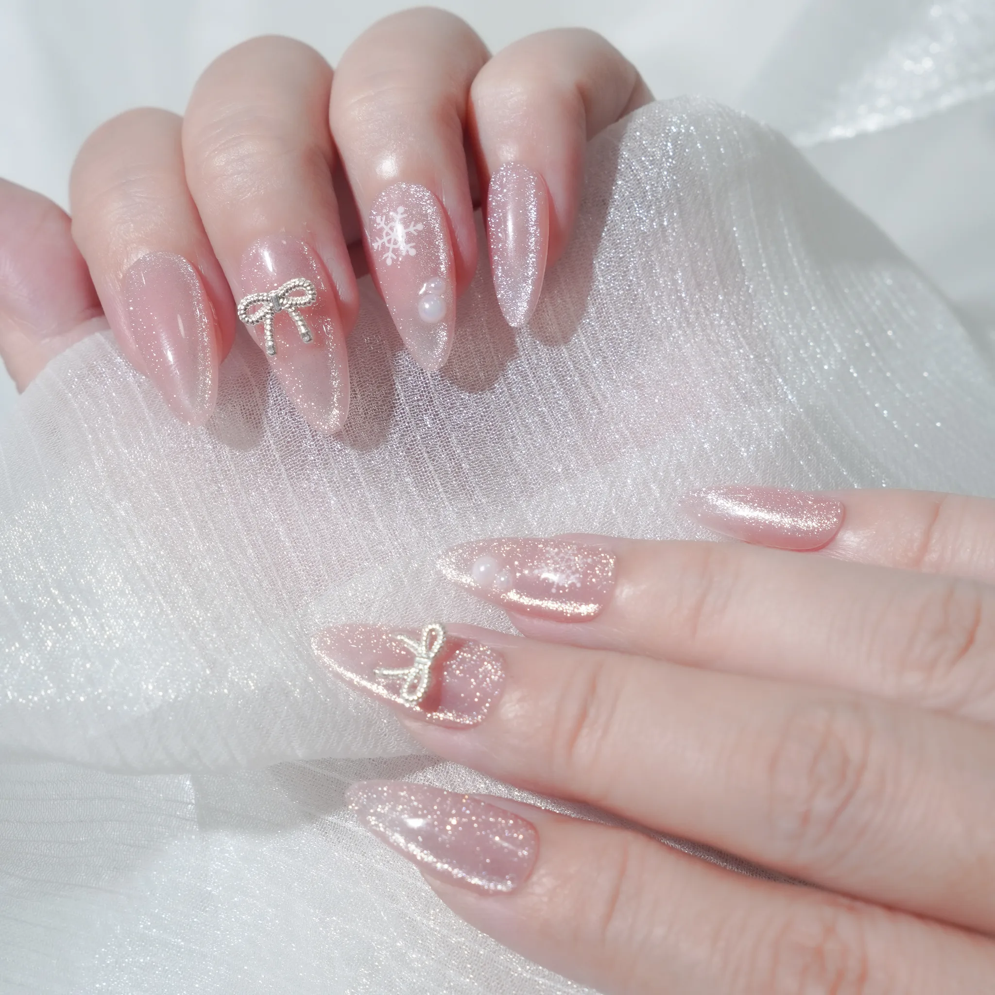 [M237] Nailbox thạch hồng mắt mèo đính nơ dịu dàng (BST Giáng Sinh)