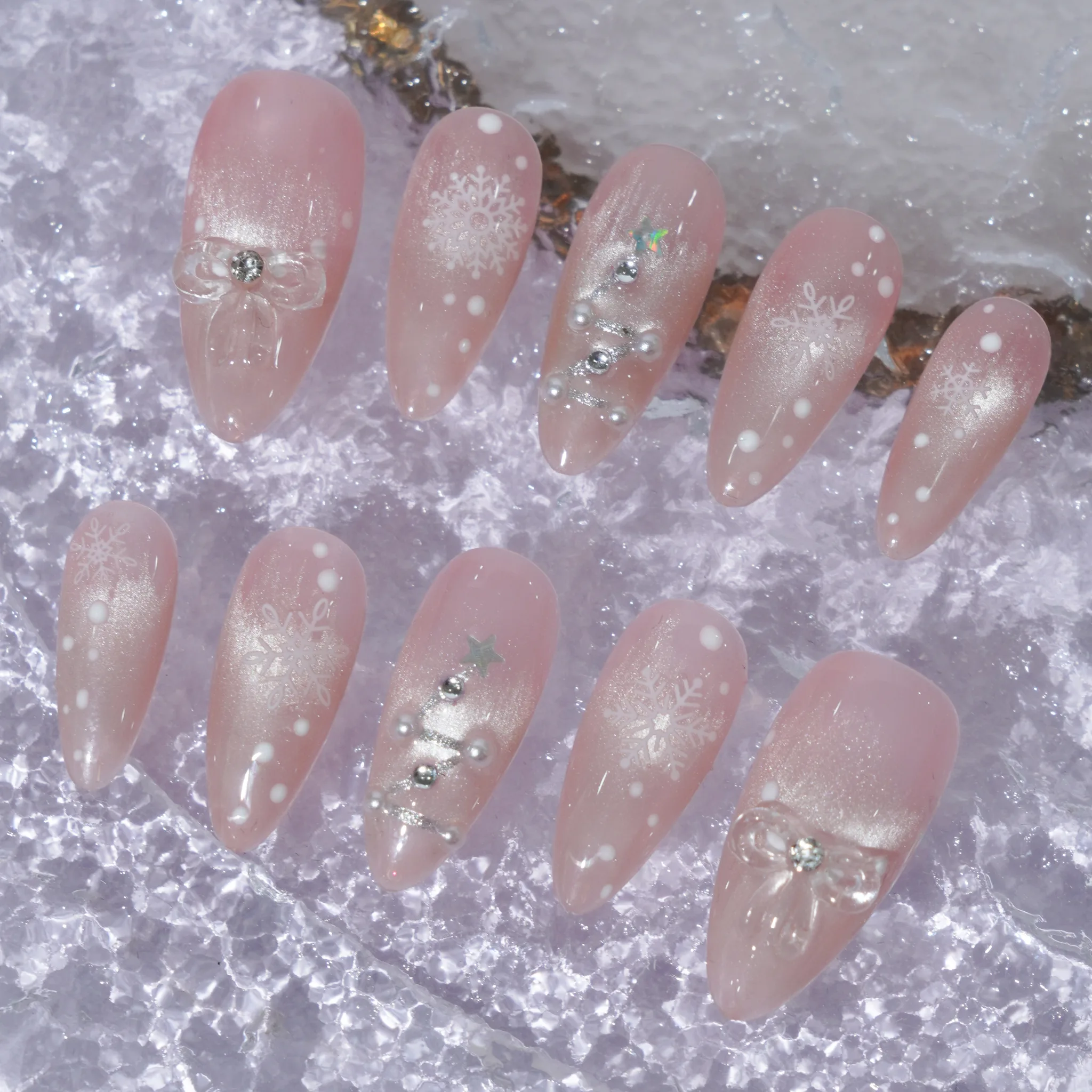 [M236] Nailbox thạch hồng mắt mèo bông tuyết đính nơ (BST Giáng Sinh)