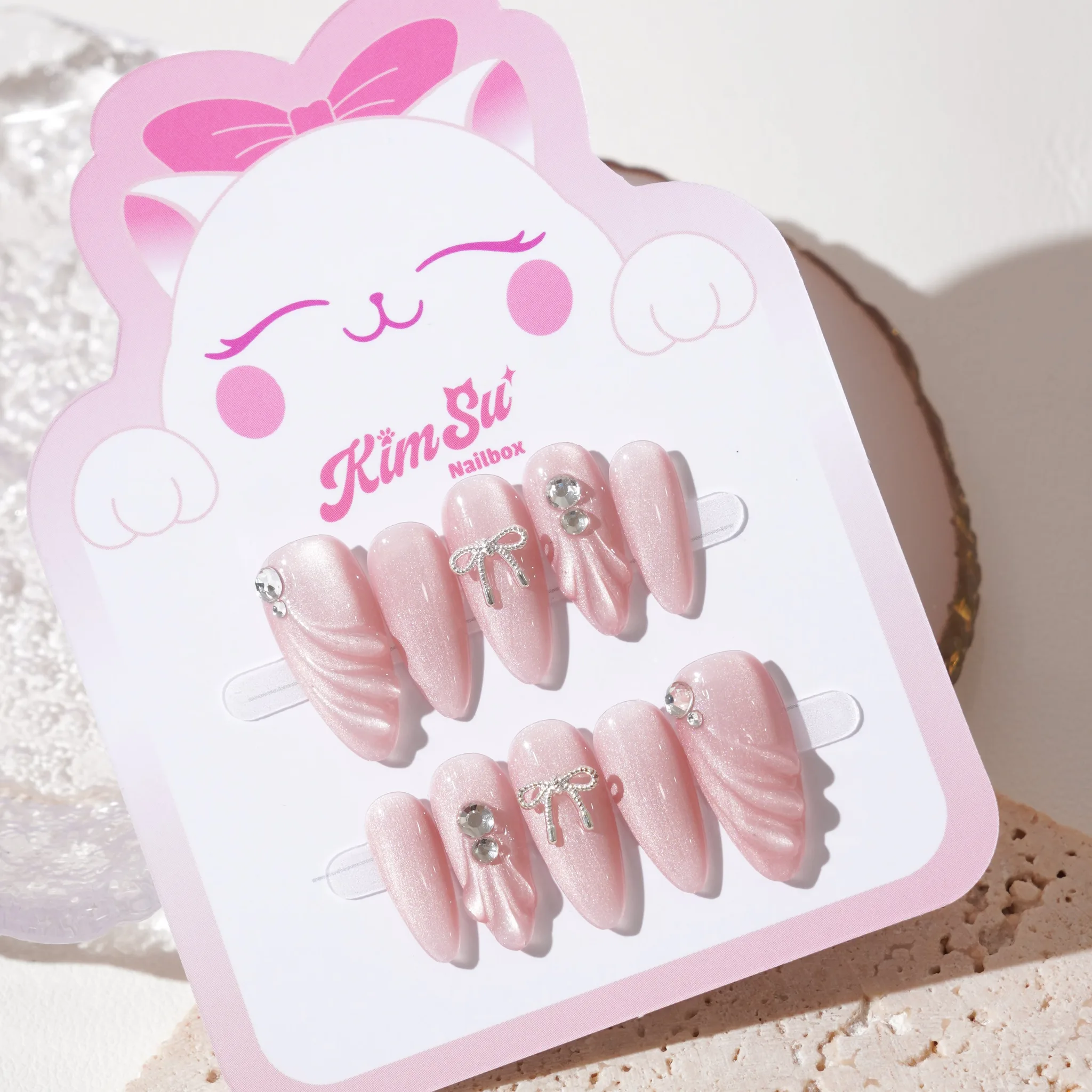 [M228] Nailbox thạch hồng mắt mèo vẽ nổi đính nơ, đá