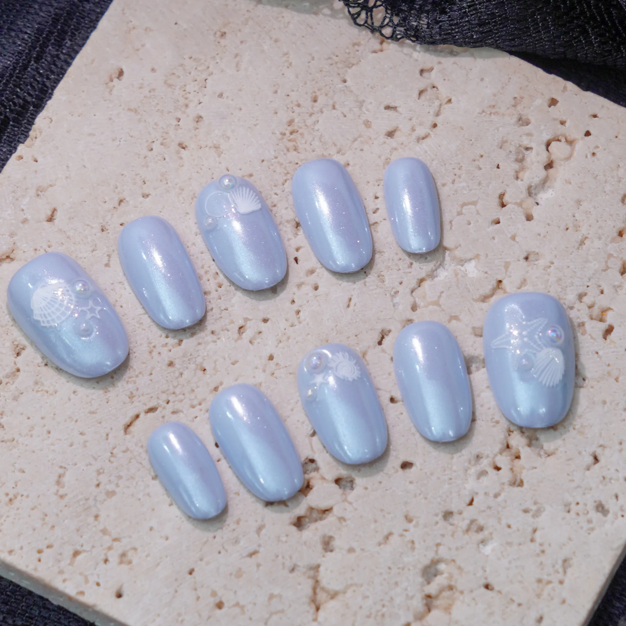 [M226] Nailbox tráng gương xanh da trời họa tiết sò, sao biển
