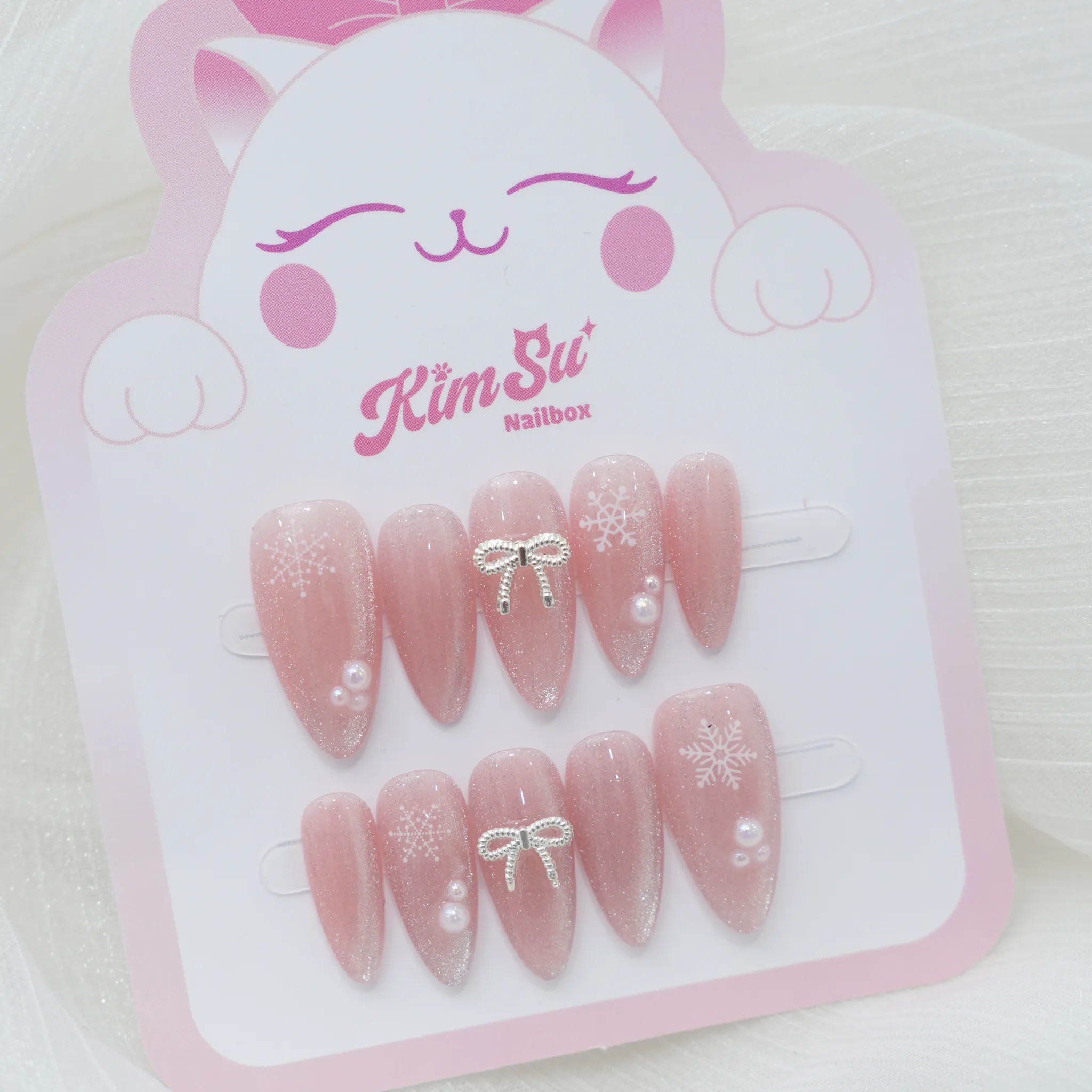[M237] Nailbox thạch hồng mắt mèo đính nơ dịu dàng (BST Giáng Sinh)