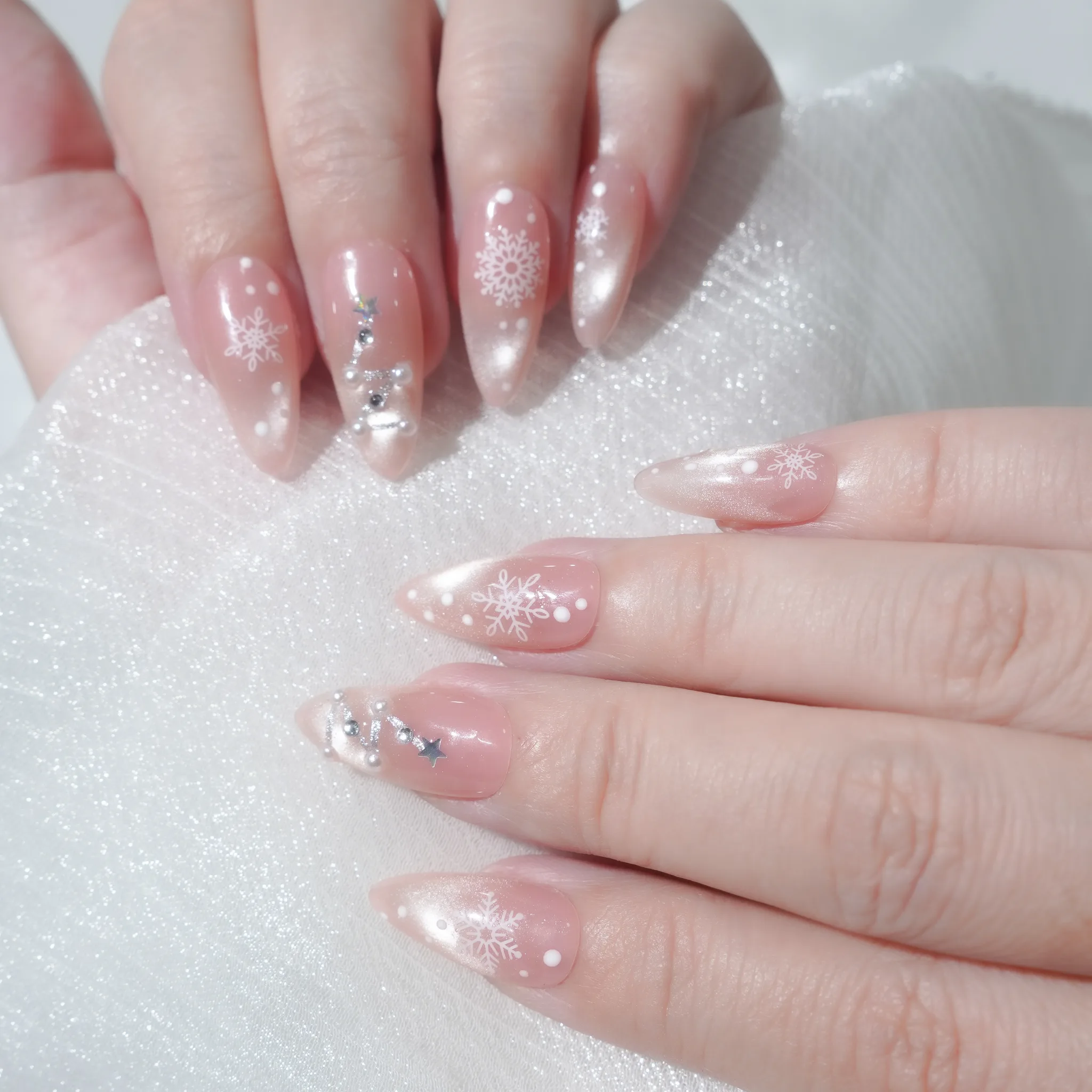 [M236] Nailbox thạch hồng mắt mèo bông tuyết đính nơ (BST Giáng Sinh)