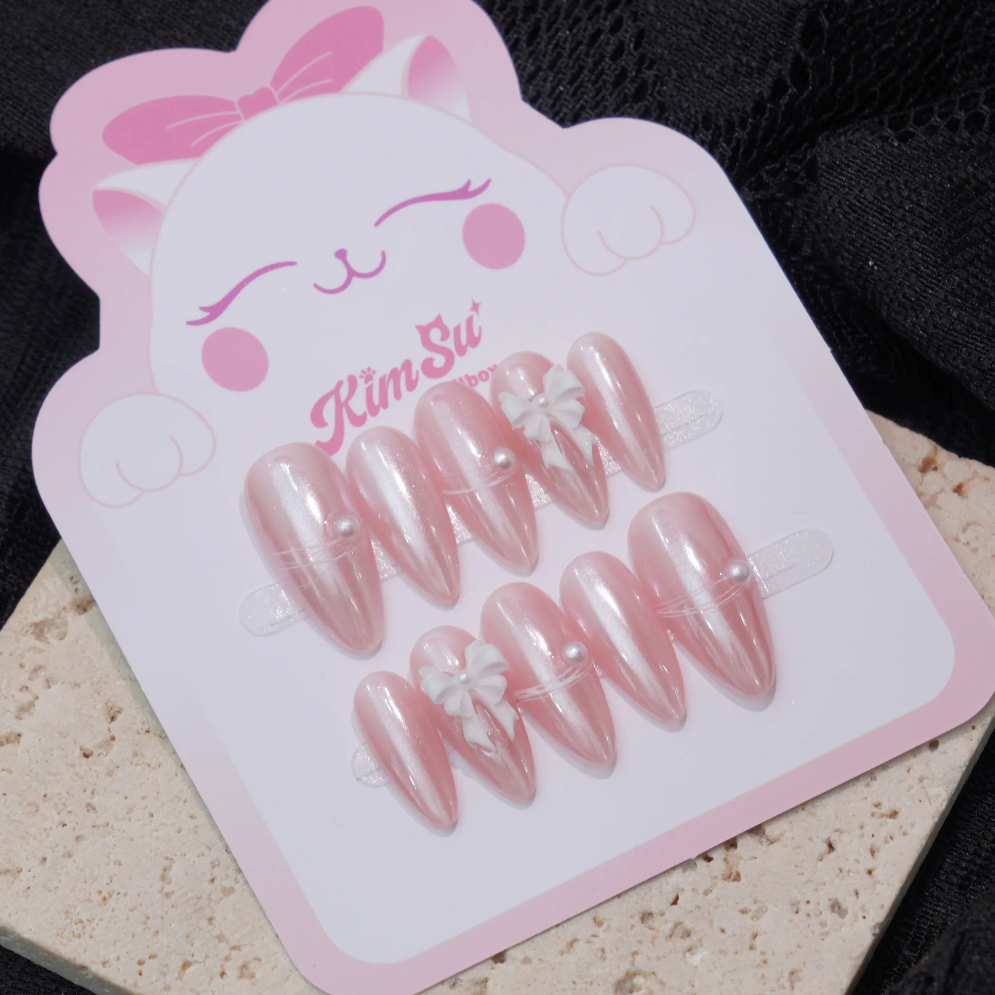 [M227] Nailbox tráng gương hồng đính nơ dịu dàng