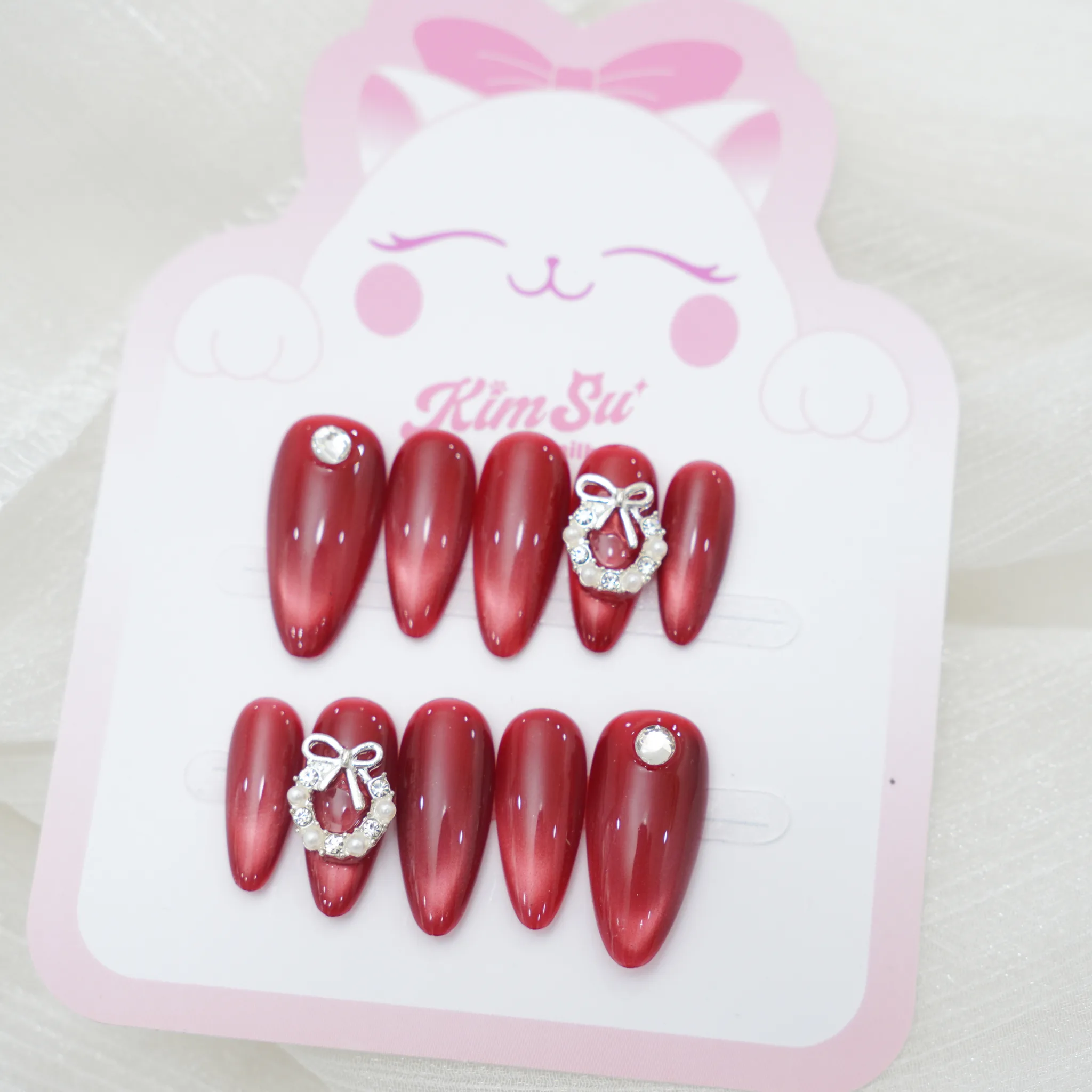 [M235] Nailbox mắt mèo đỏ đính charm nơ (BST Giáng Sinh)