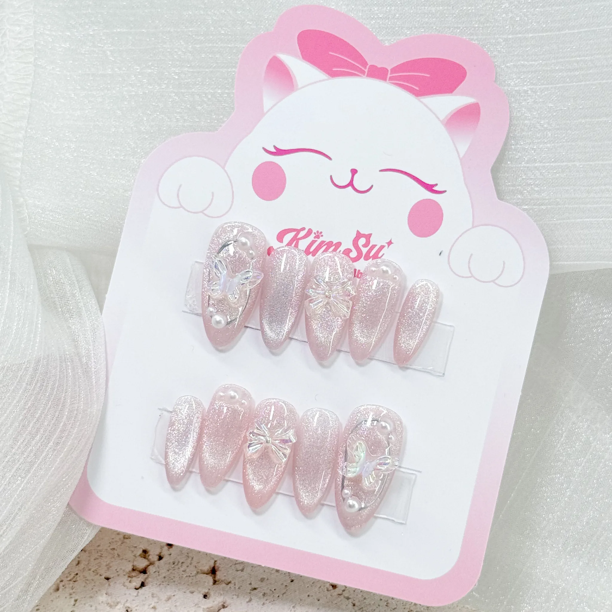 [M212] Nailbox thiết kế mắt mèo hồng nude đính nơ, hồ điệp mini