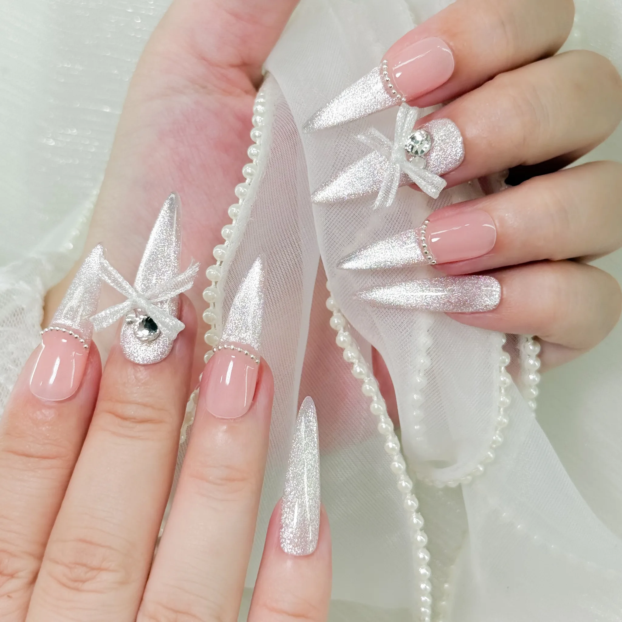 [M209] Nailbox thiết kế mắt mèo hồng nude đính nơ