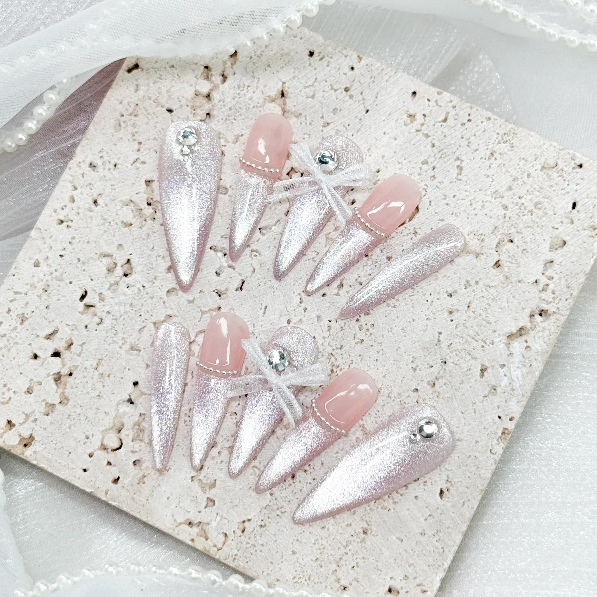[M209] Nailbox thiết kế mắt mèo hồng nude đính nơ