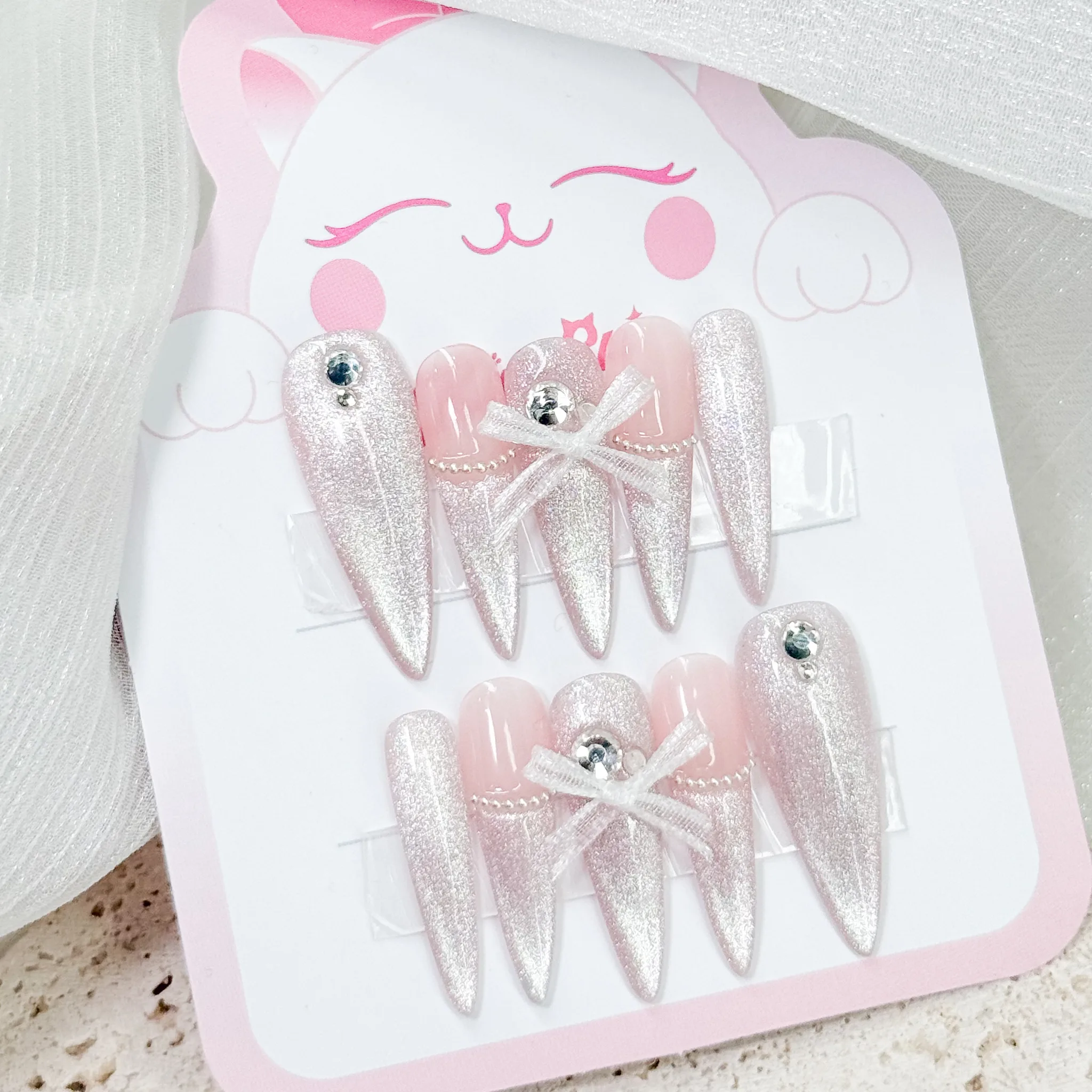 [M209] Nailbox thiết kế mắt mèo hồng nude đính nơ