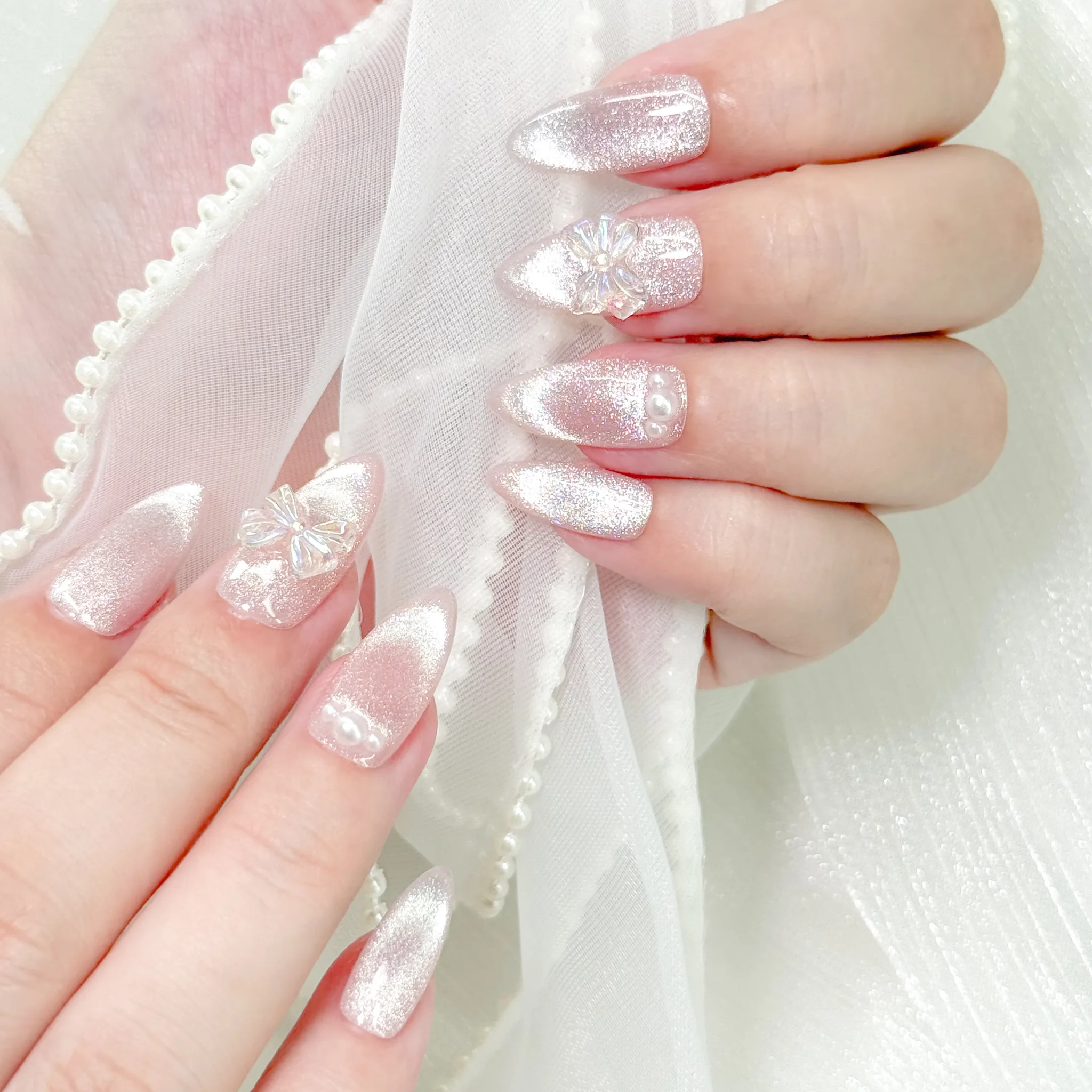 [M212] Nailbox thiết kế mắt mèo hồng nude đính nơ, hồ điệp mini