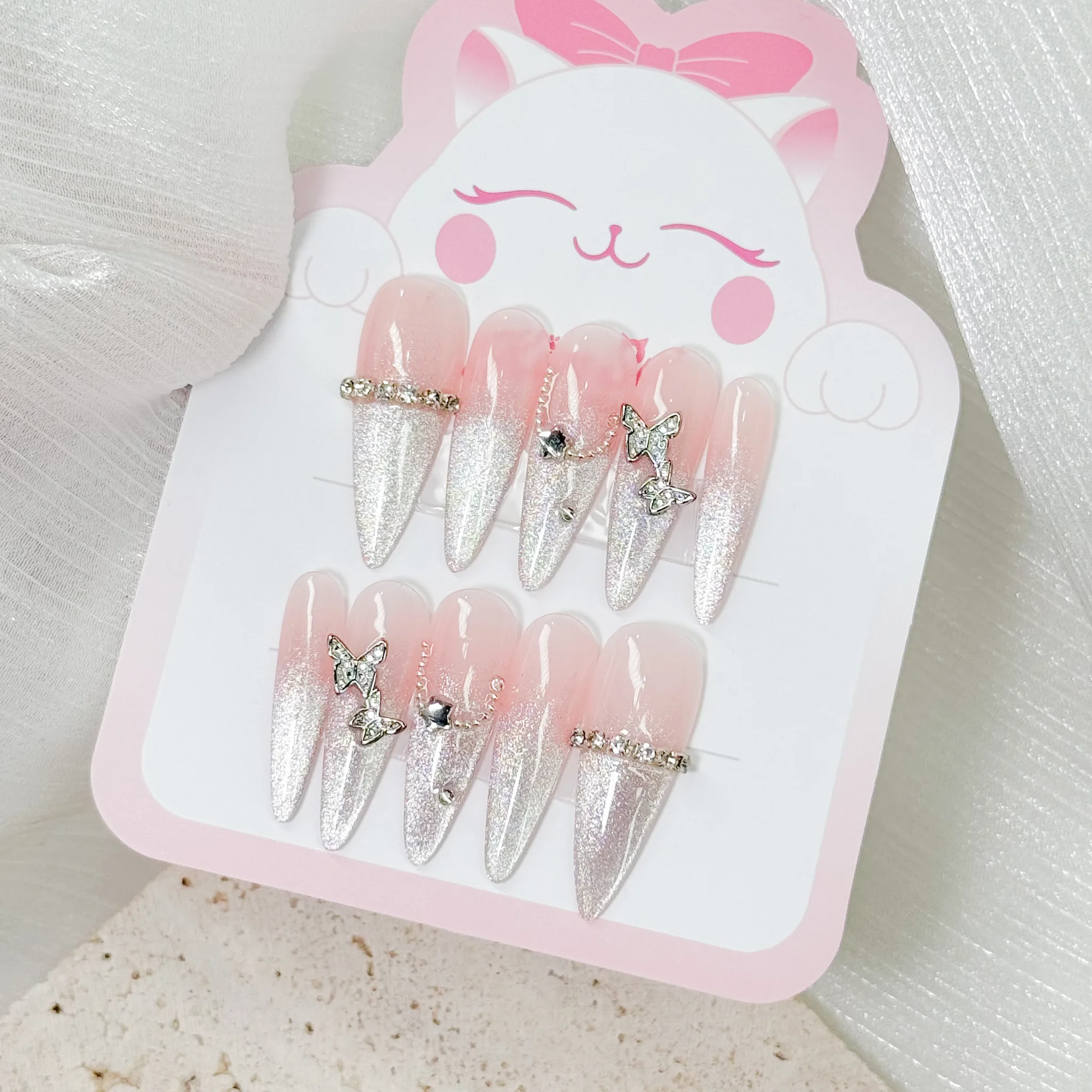 [M210] Nailbox thiết kế mắt mèo hồng nude đính đá, hồ điệp