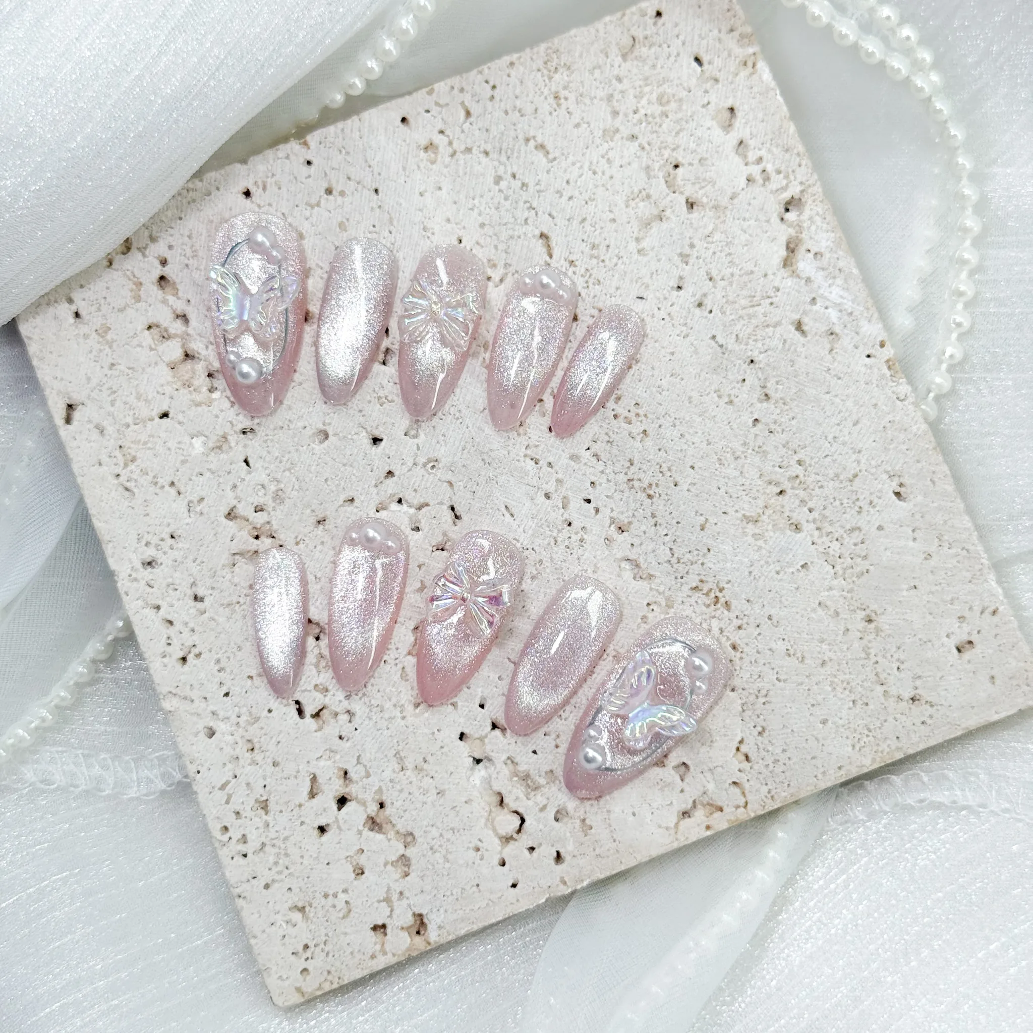 [M212] Nailbox thiết kế mắt mèo hồng nude đính nơ, hồ điệp mini
