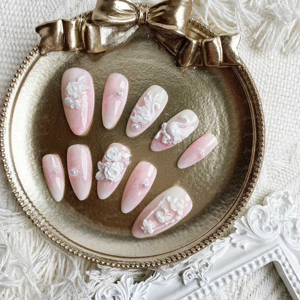 [M186] Nailbox thiết kế thiên nga trắng nhũ hồng