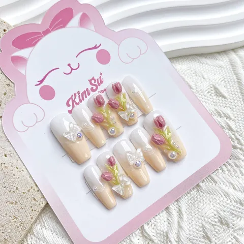 [M187] Nailbox thiết kế hoa hồng nổi đính nơ
