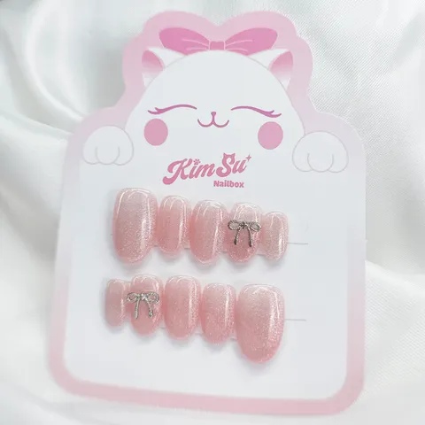 [M201] Nailbox thạch hồng mắt mèo mix nơ siêu sáng