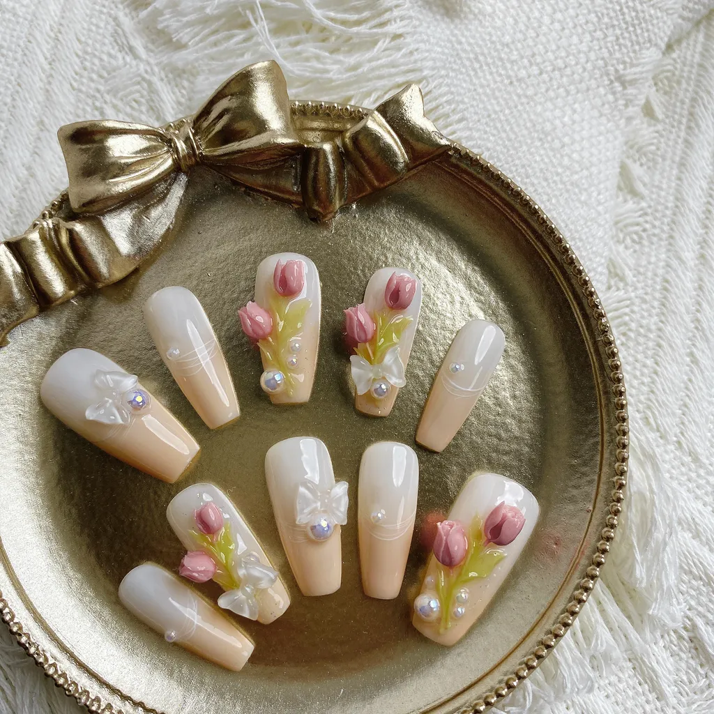[M187] Nailbox thiết kế hoa hồng nổi đính nơ