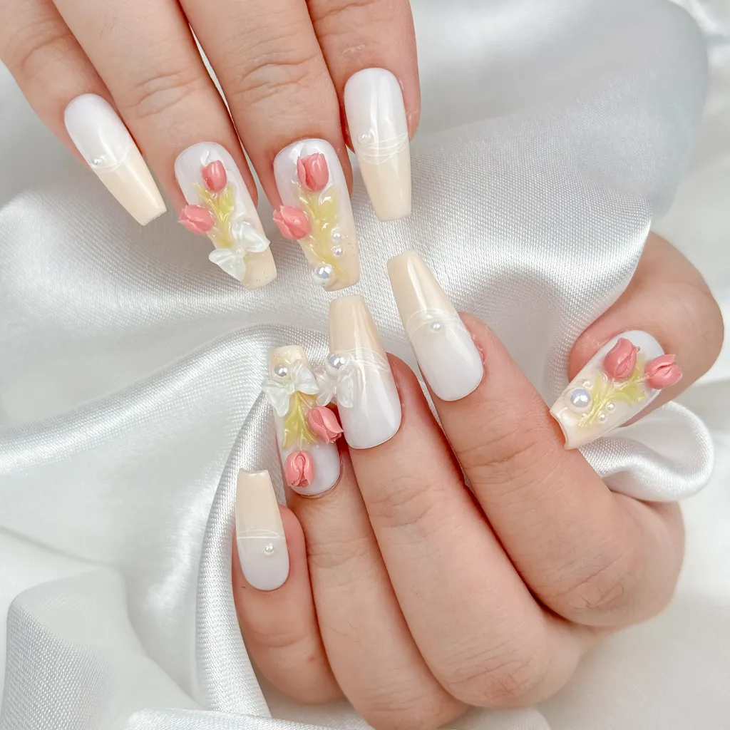 [M187] Nailbox thiết kế hoa hồng nổi đính nơ