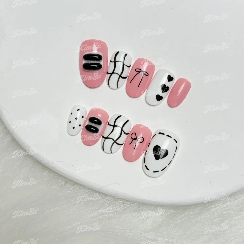 [M175] Nailbox hồng trắng vẽ nơ gel nổi