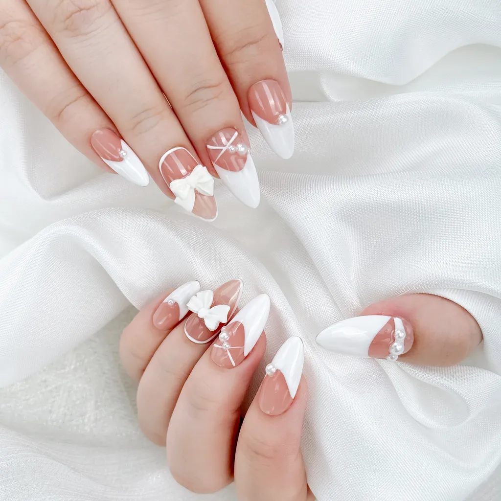 [M143] Nailbox thạch nude vẽ trắng đính nơ