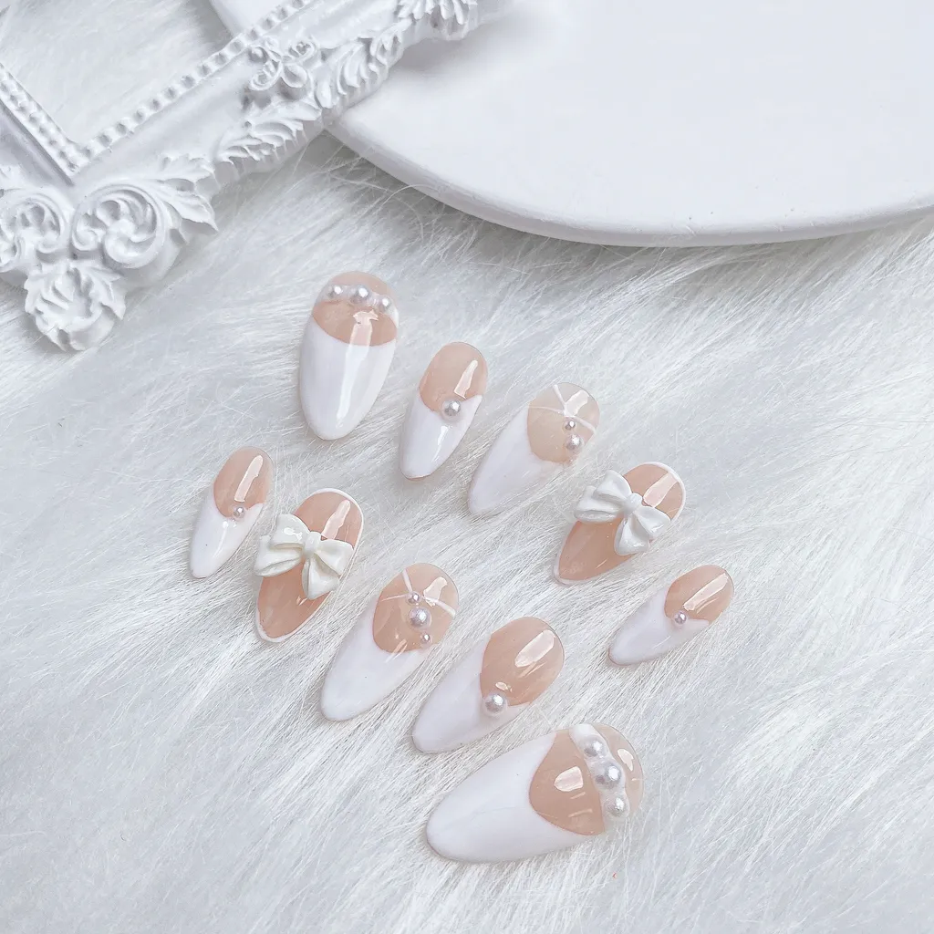 [M143] Nailbox thạch nude vẽ trắng đính nơ