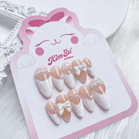 [M143] Nailbox thạch nude vẽ trắng đính nơ