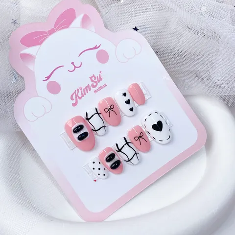 [M175] Nailbox hồng trắng vẽ nơ gel nổi