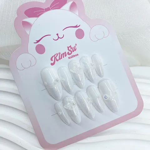 [M155] Nailbox trắng gạo nhũ ánh trai đính nơ