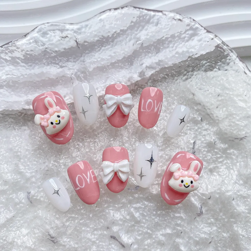 [M142] Nailbox thiết kế thỏ hồng nơ trắng